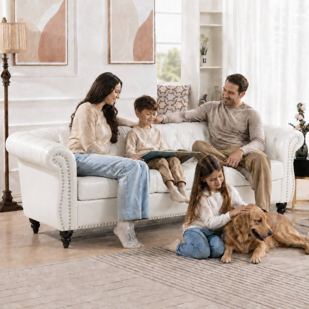 Alt View 2. Anysun - 84" Faux Leather 3-Seat Chesterfield Sofa - Rolled Arm, Deep Seating, Button Tufted for Living Room & Office - White.