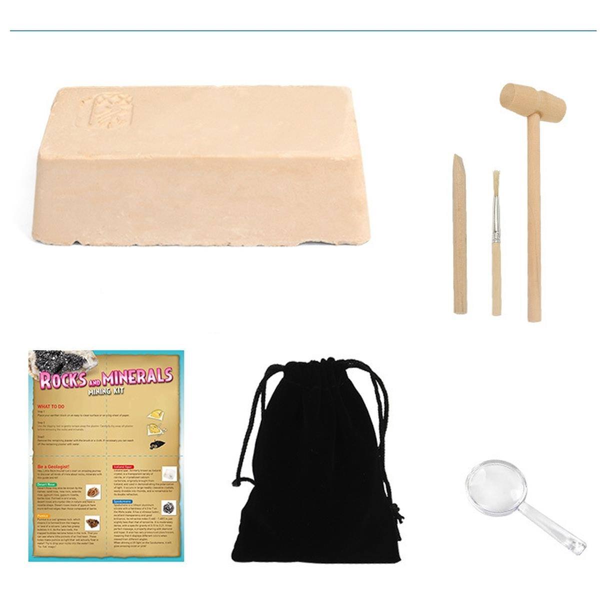 ROCKS AND MINERALS MINING KIT

WHAT TO DO

- Be a Geologist!
  - Start by looking at the rocks and minerals you find. Use the magnifying glass to see details.
  - Use the tools to break open rocks and see what's inside.
  - Look for different colors, shapes, and sizes.
  - Keep a record of what you find.

- Safety First!
  - Wear safety goggles when using the hammer.
  - Be careful with the tools and keep them out of reach of younger children.

- Have Fun!
  - Explore and enjoy the process of discovering new rocks and minerals.

- Clean Up!
  - After you're done, put everything back in the bag and store it safely.

- Learn More!
  - Research more about the rocks and minerals you find. There's a lot to learn about the Earth's history.

- Share Your Findings!
  - Share your discoveries with friends and family. Maybe you'll inspire them to start their own collection.

- Keep Exploring!
  - There's always more to discover. Keep looking and learning about the natural world around you.