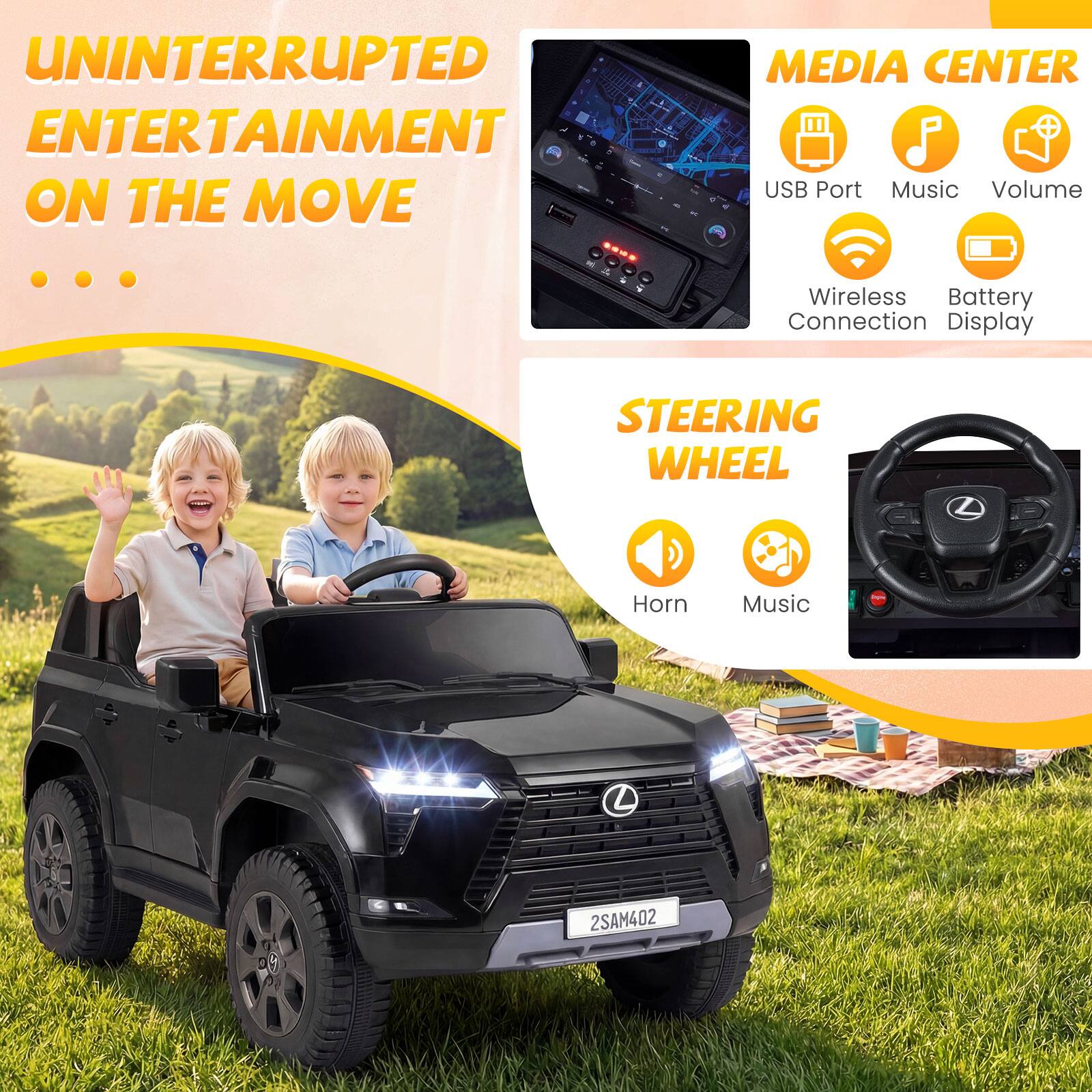 UNINTERRUPTED ENTERTAINMENT ON THE MOVE

MEDIA CENTER
- USB Port
- Music
- Volume
- Wireless Connection
- Battery Display

STEERING WHEEL
- Horn
- Music

2SAM402