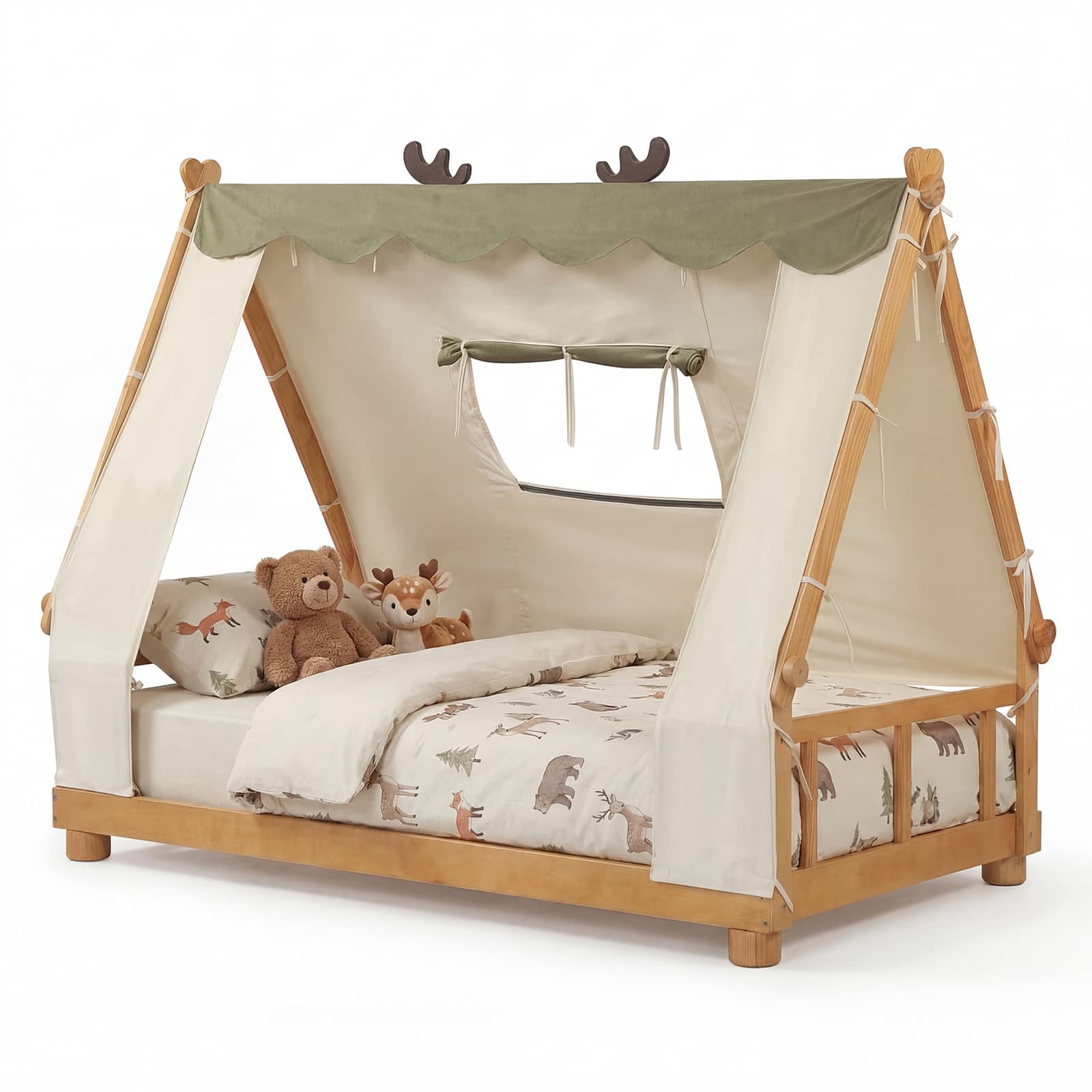 Gymax - Twin Size House Floor Bed w/ TentWood Bed Frame w/ Roof Window & Fence Rails Natural & Green - Yellow