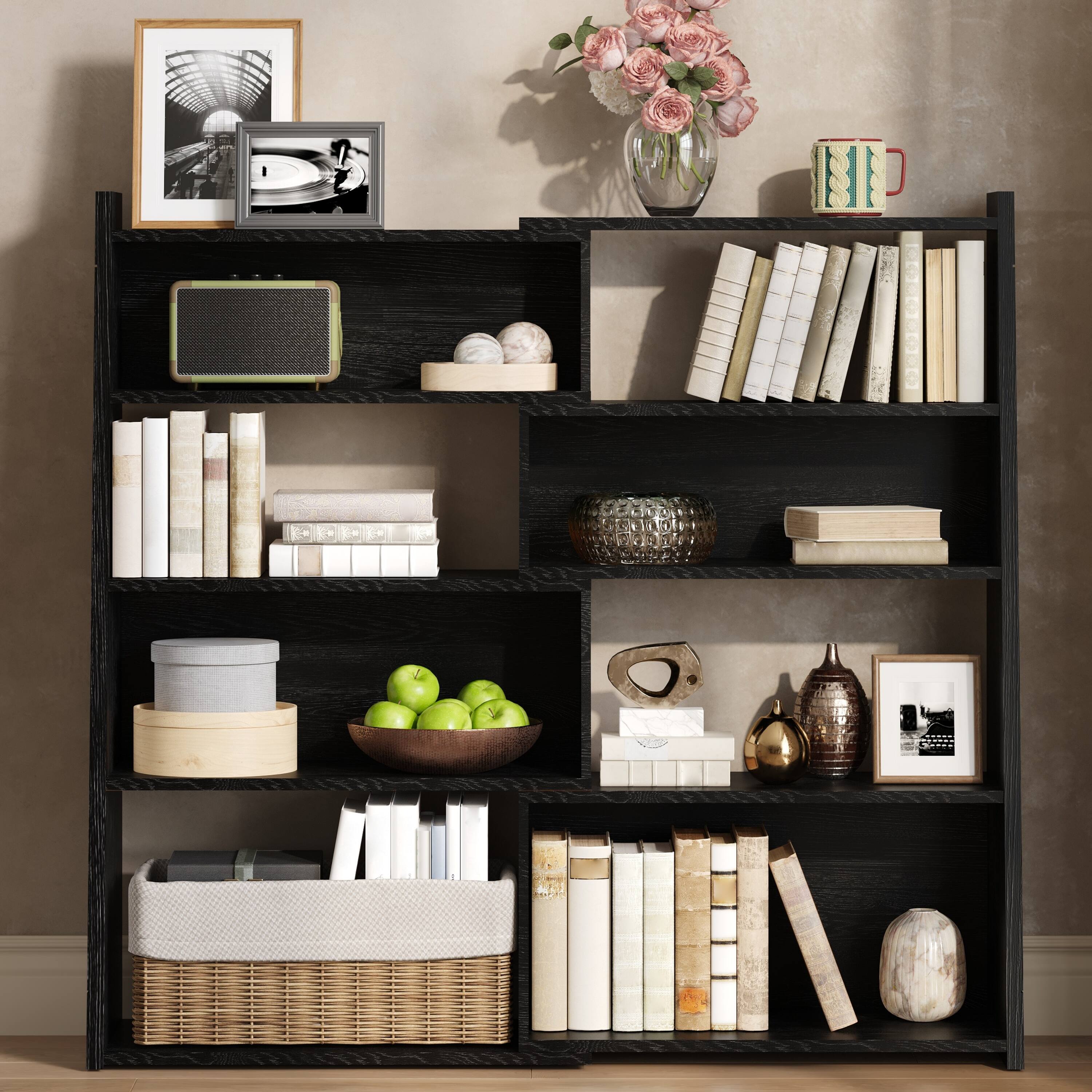 Angle. MERAVOM - Wooden Expandable Bookshelf Storage Rack, 4-Tier L-Shaped Adjustable 2-Piece Bookcase, Extendable up to 47" for Corner - Black.