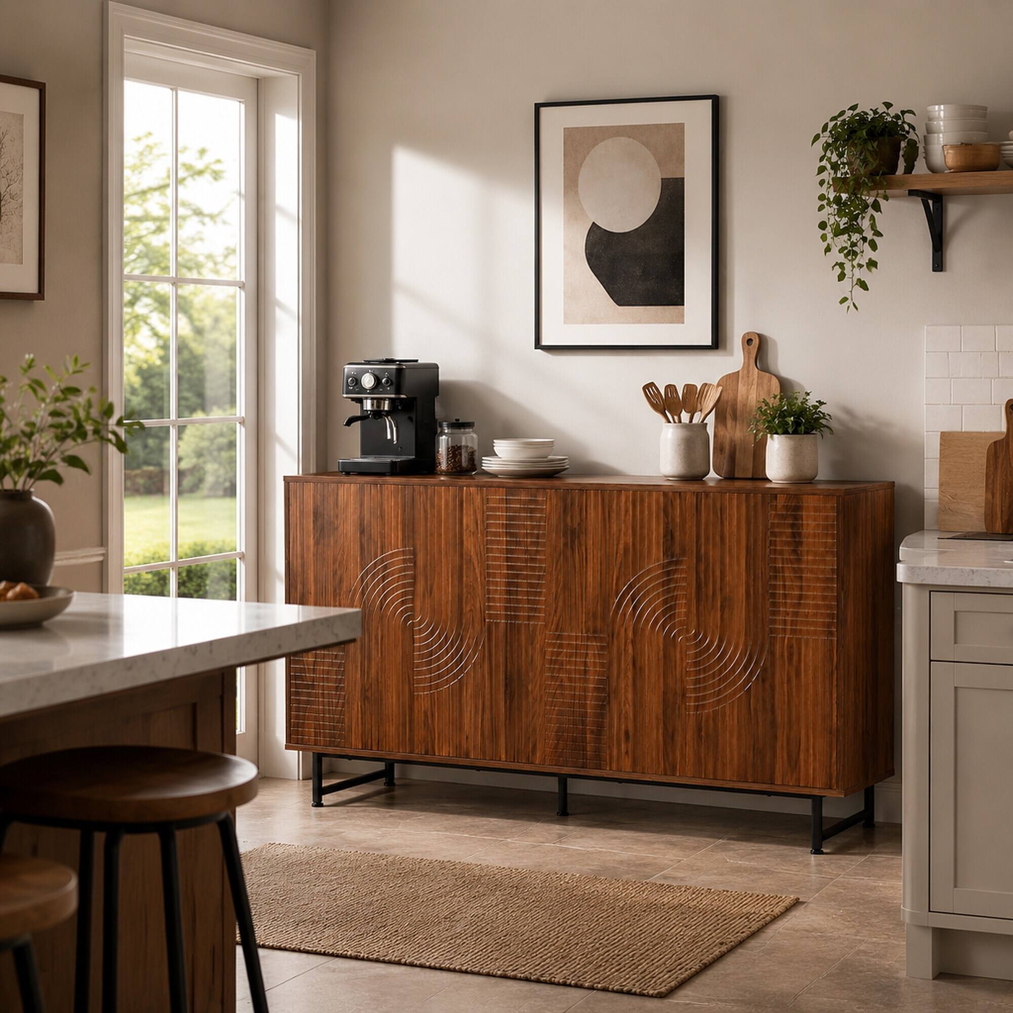 Angle. RYHNUYNE - Freestanding Mid-Century Modern Walnut Sideboard Buffet Cabinet with Geometric Carved Storage, Metal Legs - Wood.