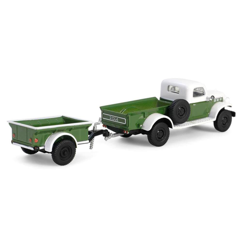 Left. Greenlight - 1950 Dodge Power Wagon Pickup Truck Green and White with 1/4 Ton Cargo Trailer Green "Hitch & Tow" Series 32 1/64 - Green and White.