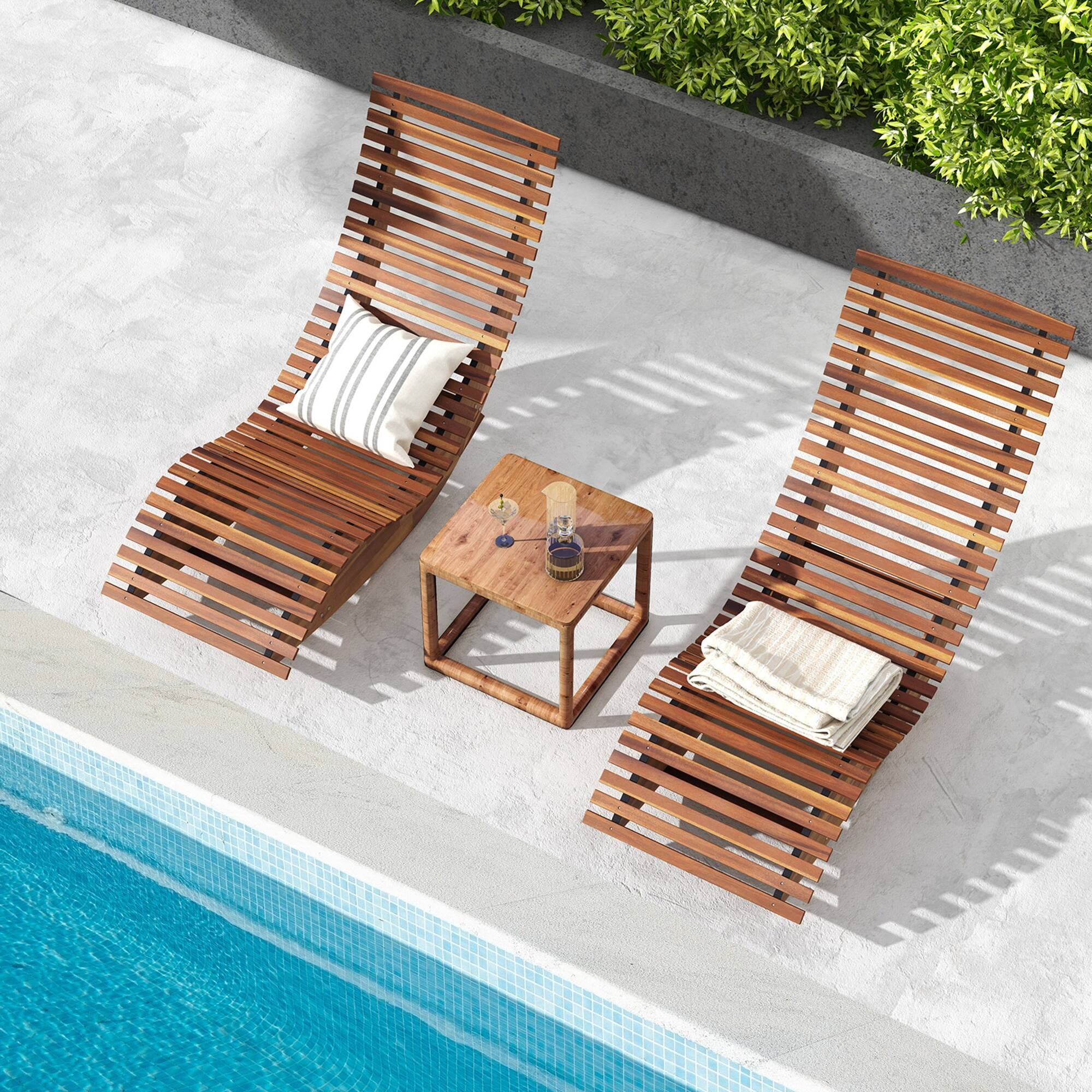 Alt View 4. Gymax - Gymax Set of 2 Acacia Wood Patio Chaise Lounge Chair Outdoor Rocking Chair w/ Slatted Design - Natural.