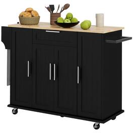 Homcom - Kitchen Island on Wheels, Rolling Cart with Rubberwood Top, Drawer, Spice Rack, Towel Rack & Storage Cabinet - Black