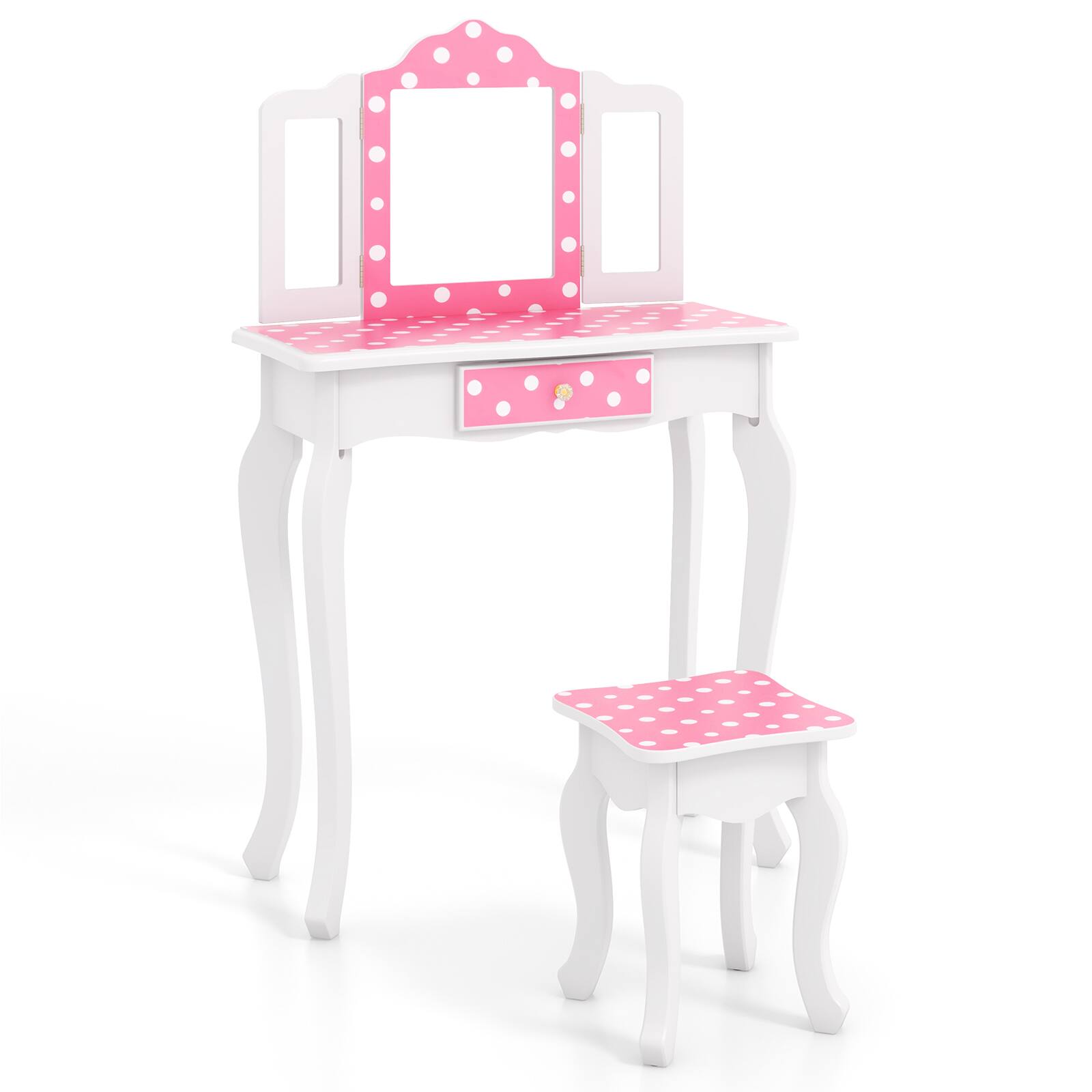 Back. SlickBlue - Pretend Play Princess Makeup Table with Adorable Polka Dot Pattern - Pink.