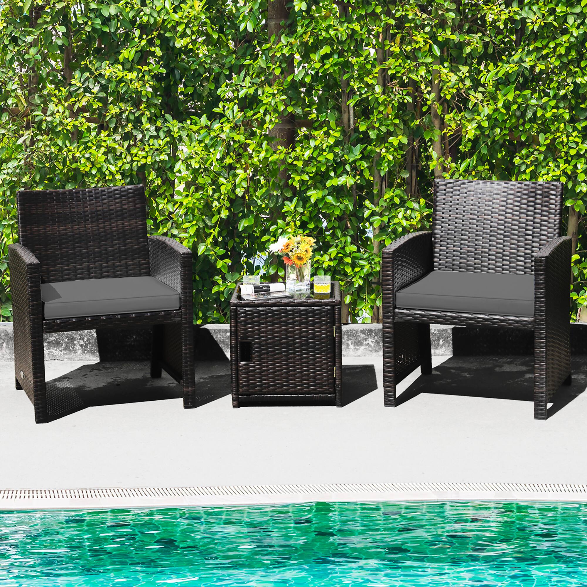 Alt View 1. Costway - 3PCS Patio Wicker Furniture Set Storage Table W/Protect Cover - Gray,Mix Brown.