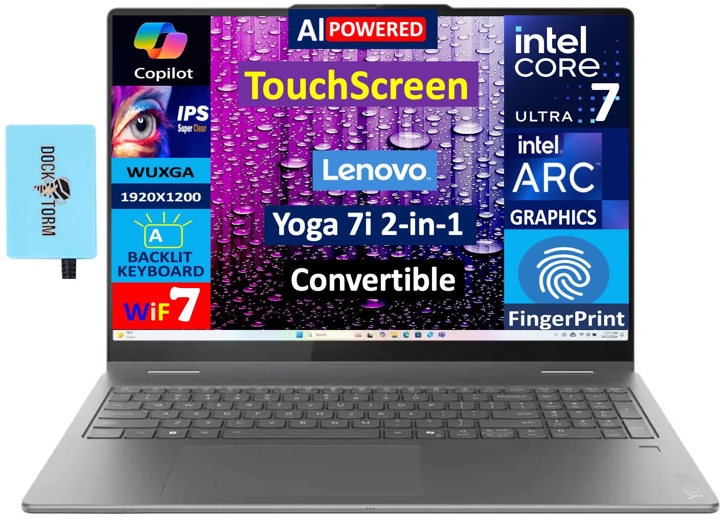 Lenovo - Yoga 7i 2-in-1 Laptop 16.0 WUXGA (Intel Ultra 7-256V, 16GB LPDDR5X, 1TB SSD, Win 11 Home) w/USB Hub - Luna Grey