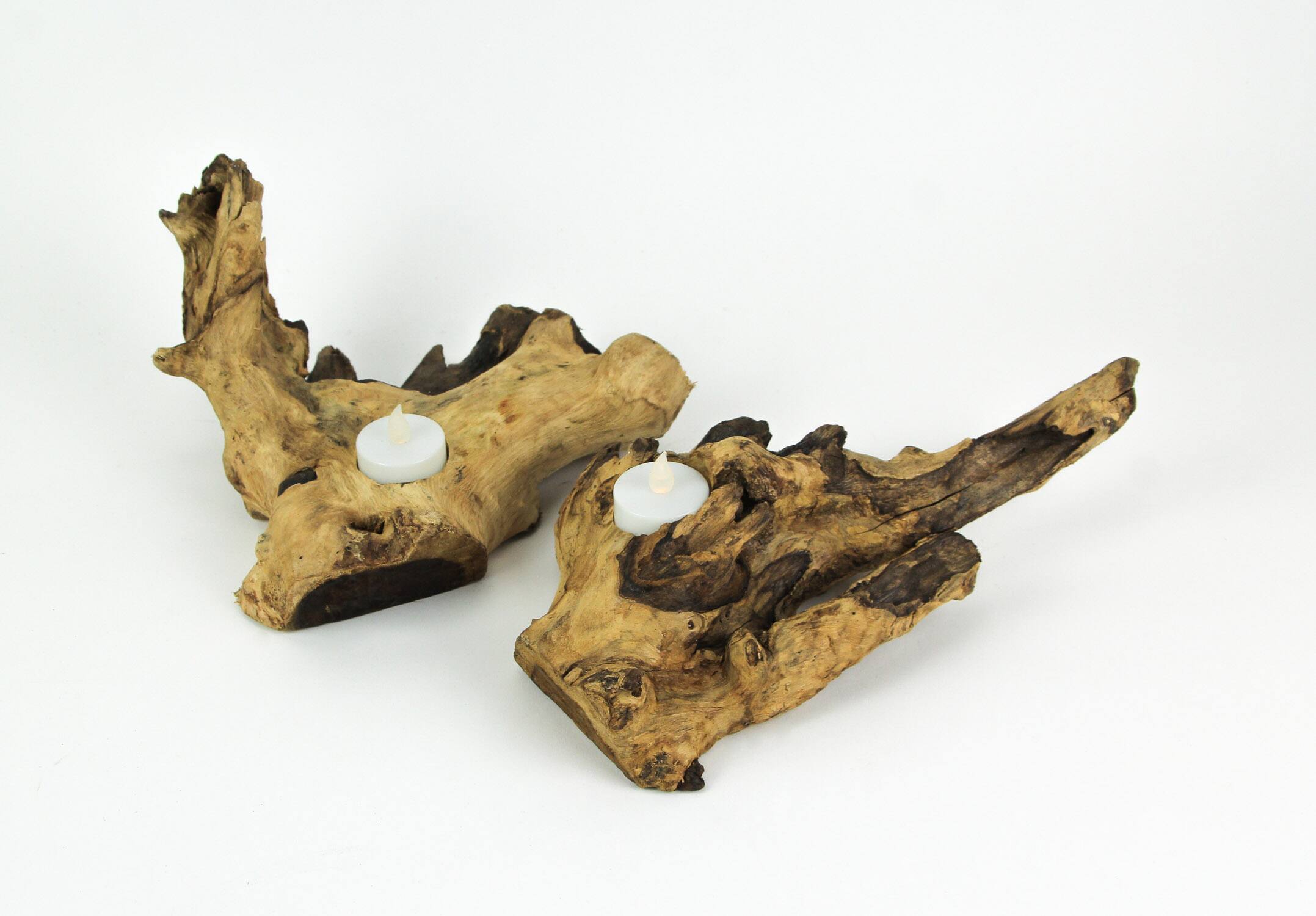 Alt View 2. Things2Die4 - Set of 2 Natural Gamal Root Wood Single Tealight Candle Holders - Brown.