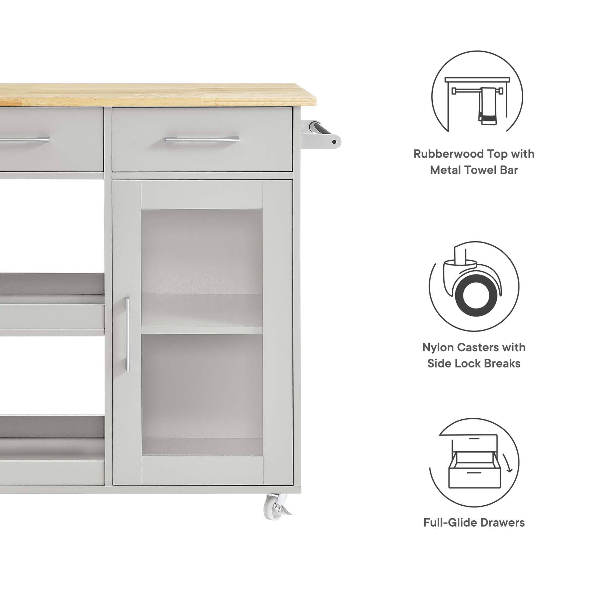 - Rubberwood Top with Metal Towel Bar
- Nylon Casters with Side Lock Breaks
- Full-Glide Drawers