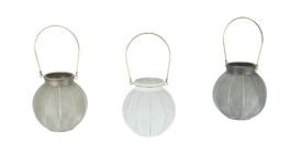 Things2Die4 - Set of 3 Textured Pink, White & Gray Glass 6 Inch Diameter Candle Lanterns Wire Handles - Multicolored