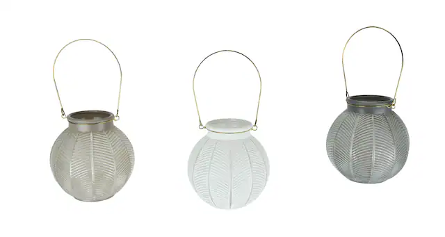 Front. Things2Die4 - Set of 3 Textured Pink, White & Gray Glass 6 Inch Diameter Candle Lanterns Wire Handles - Multicolored.