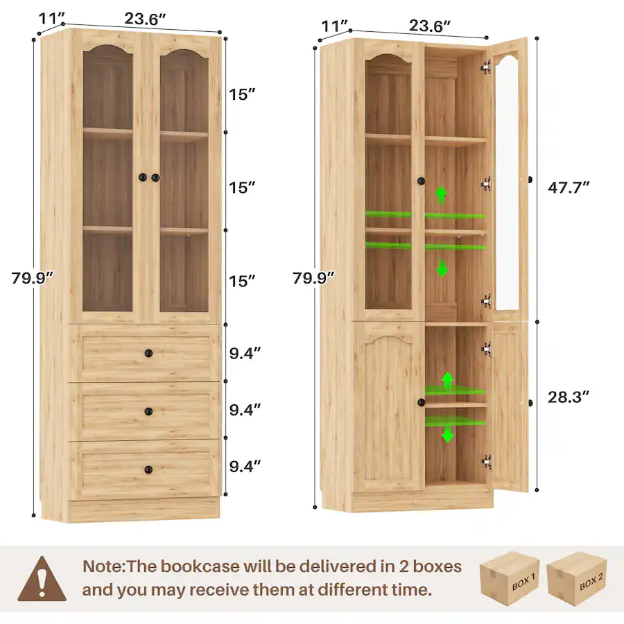 Aheaplus 80'' Tall Pantry Cabinet Set of 2, with 3 Drawers, Glass Doors ...