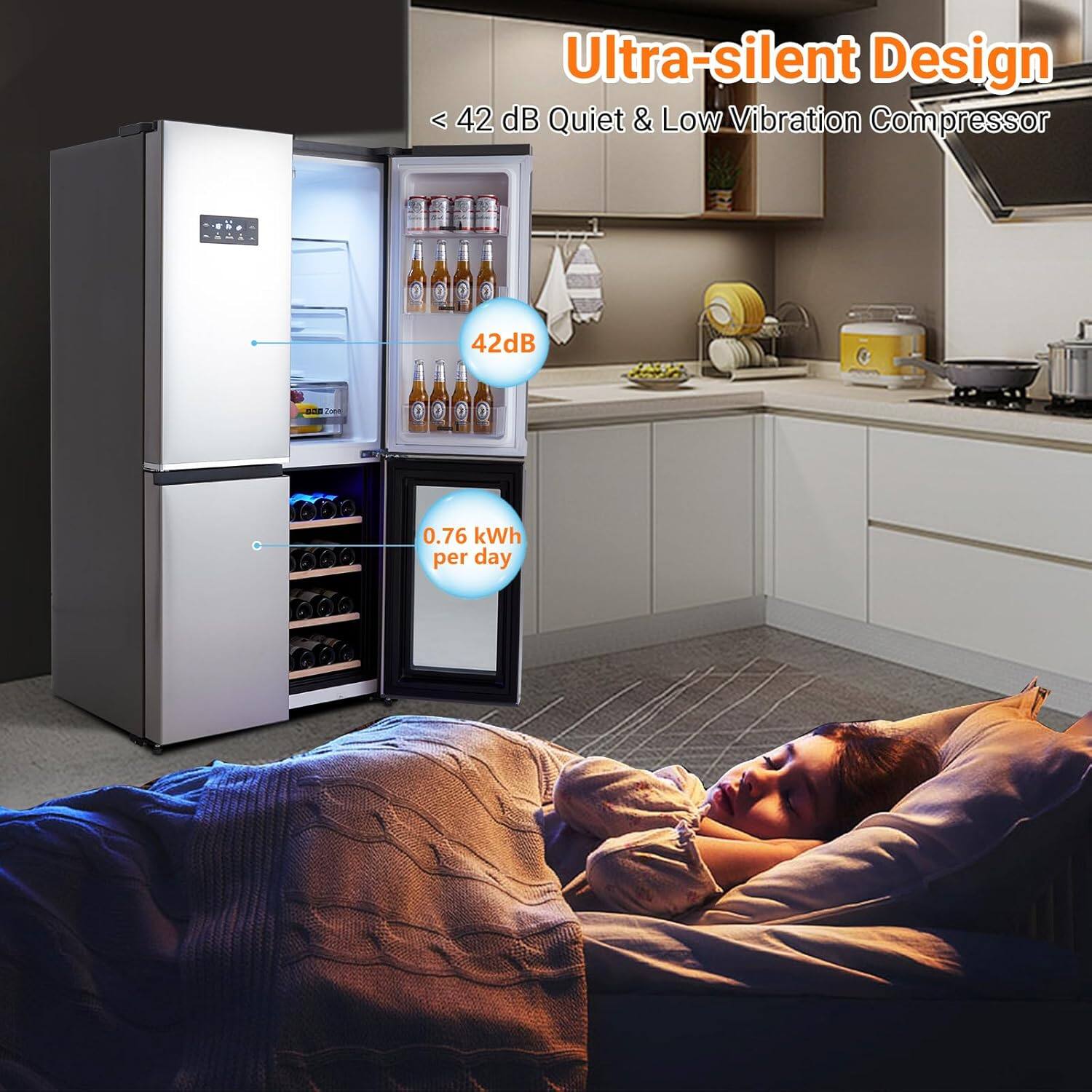 Ultra-silent Design  
< 42 dB Quiet & Low Vibration Compressor  
42dB  
0.76 kWh per day