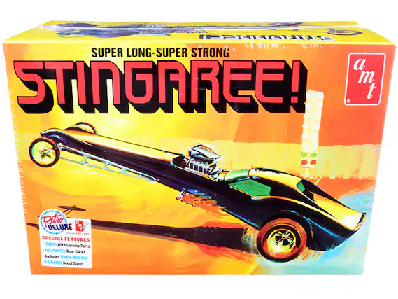 Sure, here is the corrected and grouped text from the image:
---
**SUPER LONG-SUPER STRONG STINGAREE!**
**Retro DELUXE**
**SPECIAL FEATURES:**
- LOADED With Chrome Parts
- PAD PRINTED Rear Slicks
- Includes BONUS MINI-BOX
- EXPANDED Decal Sheet
**a m t**
---