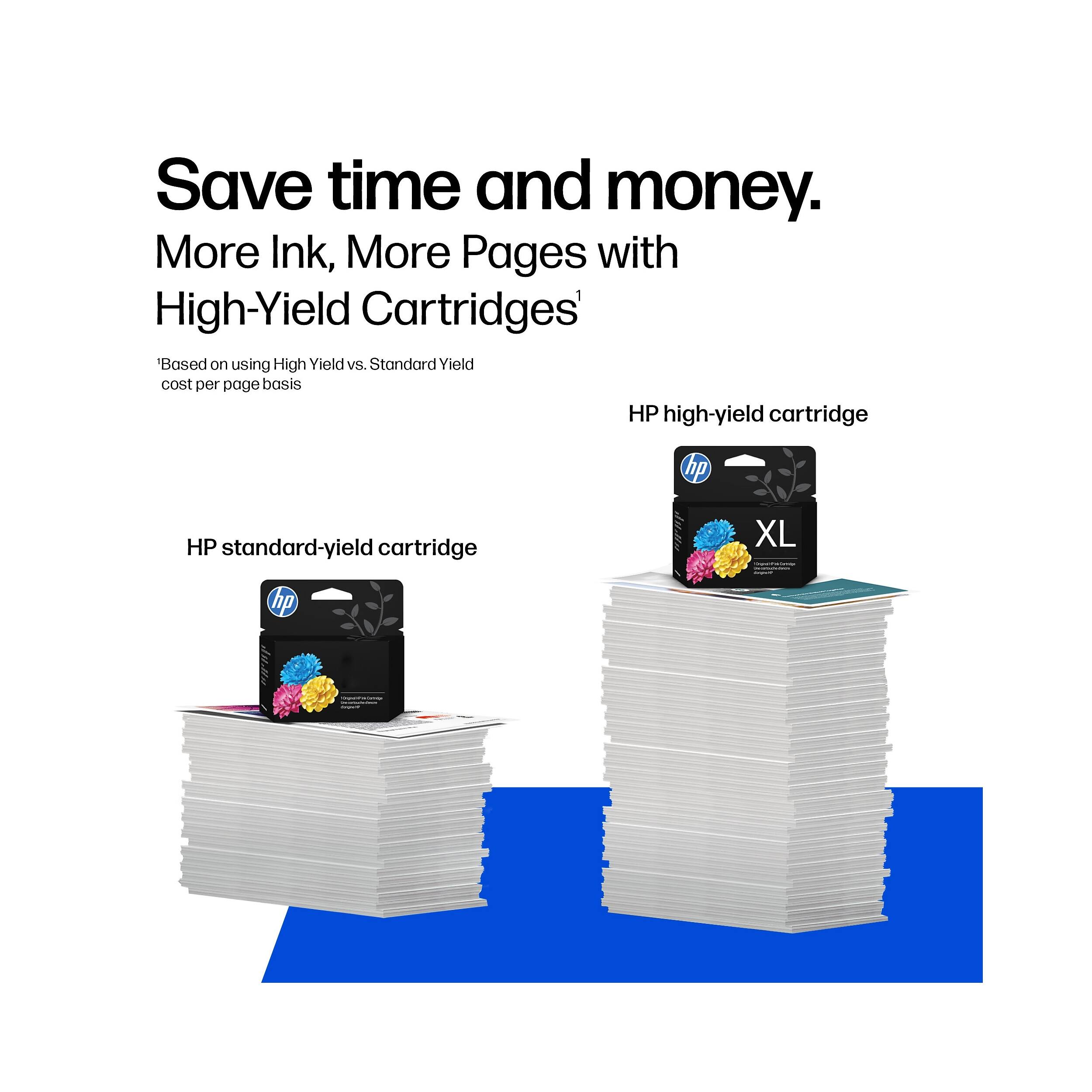 Save time and money.  
More Ink, More Pages with High-Yield Cartridges*  
*Based on using High Yield vs. Standard Yield cost per page basis  

HP high-yield cartridge  
HP standard-yield cartridge