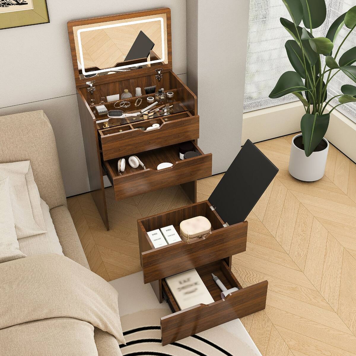 Left. Loheer - Loheer 3-in-1 Vanity Desk with Lighted Mirror, Flip-Top Storage Cabinet and Stool - Walnut.