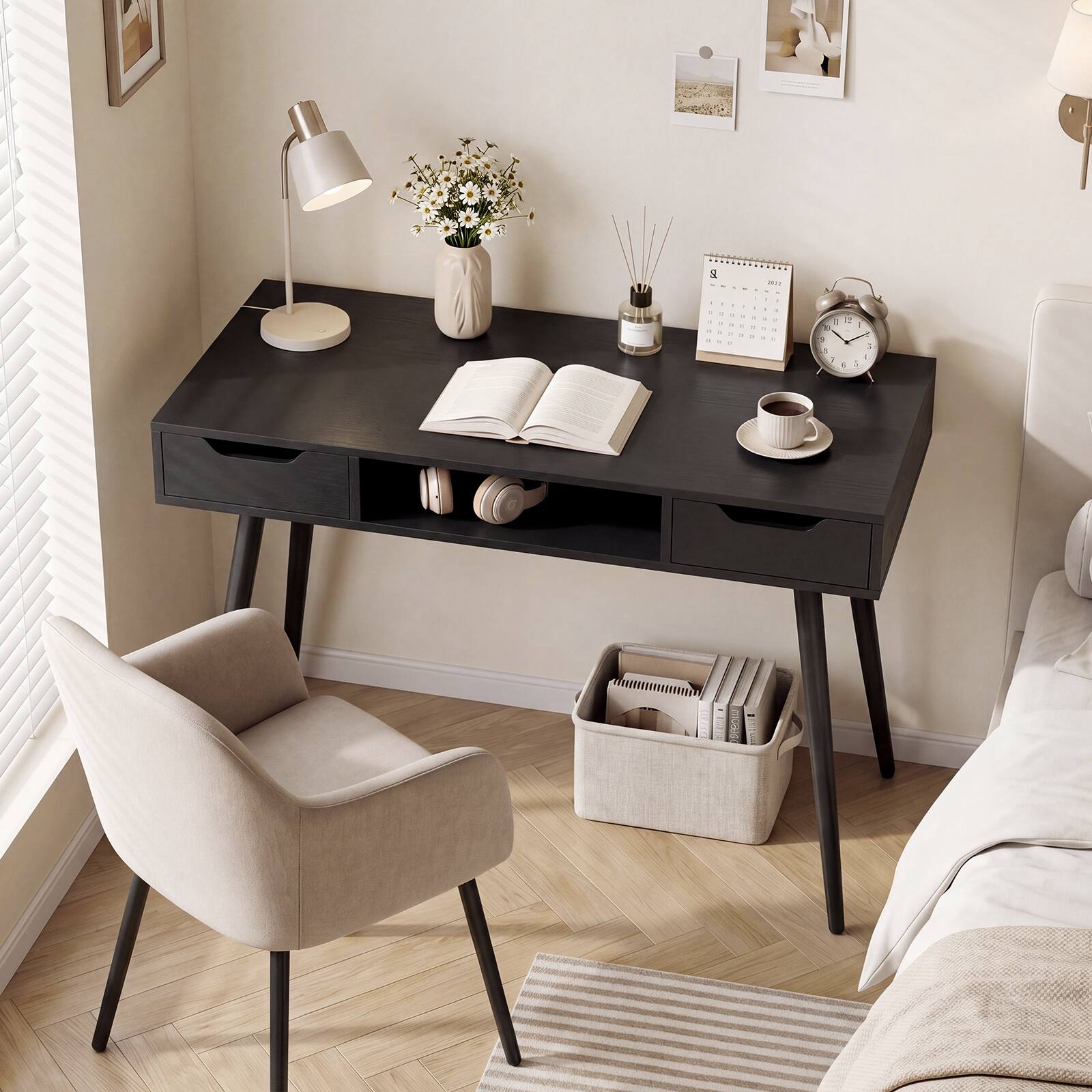 Alt View 4. Costway - Costway Computer Desk with Drawers, Open Storage Compartment for Small Spaces, Office - Black.