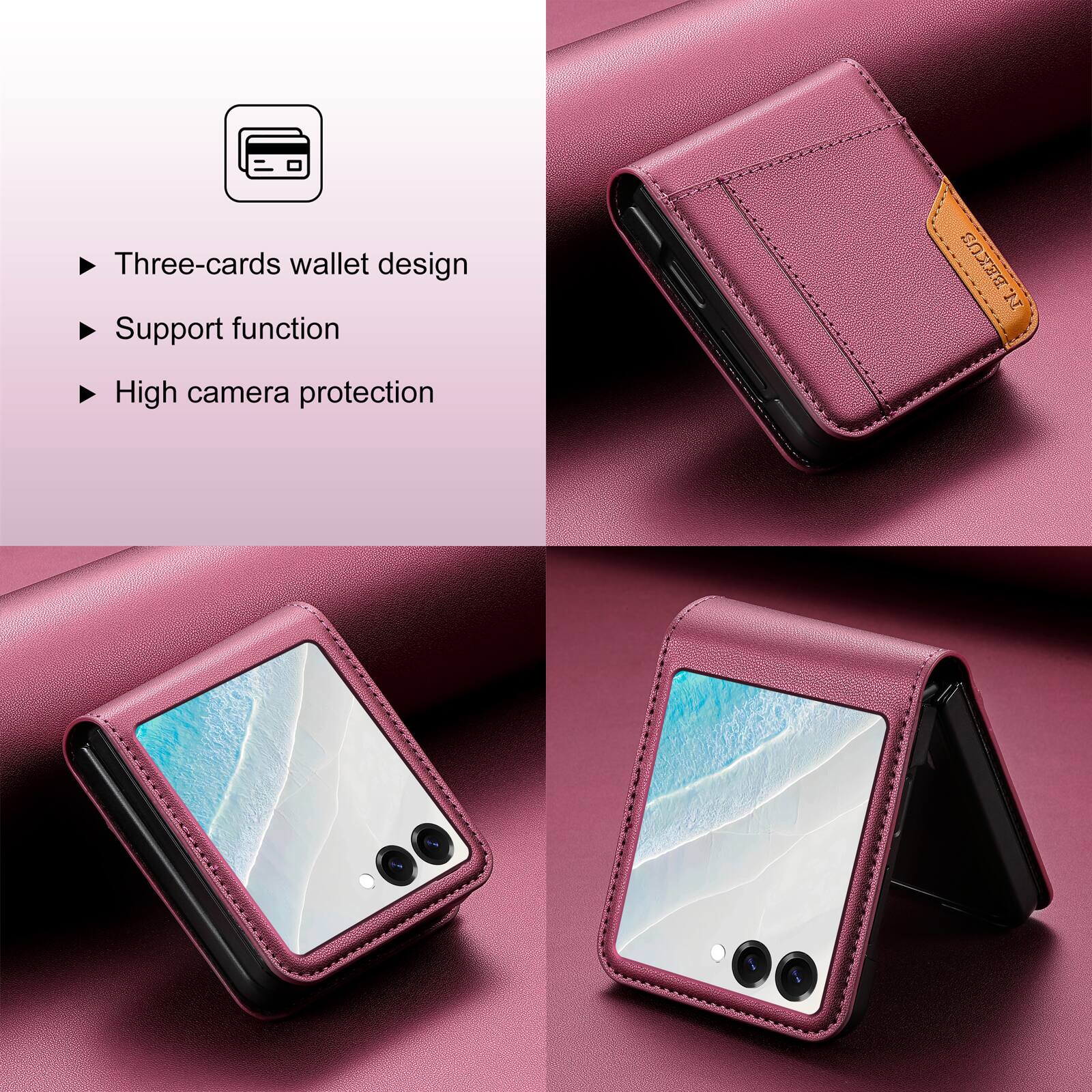 Three-cards wallet design  
Support function  
High camera protection