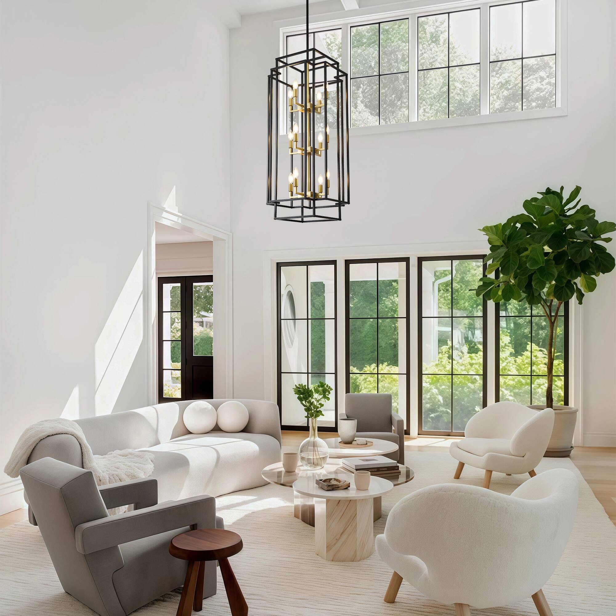 Angle. RYHNUYNE - 12-Light Lantern Tiered Pendant Light Fixtures,Black Farmhouse Chandelier for Kitchen Island,Dining Room Light Fixture O - Black.