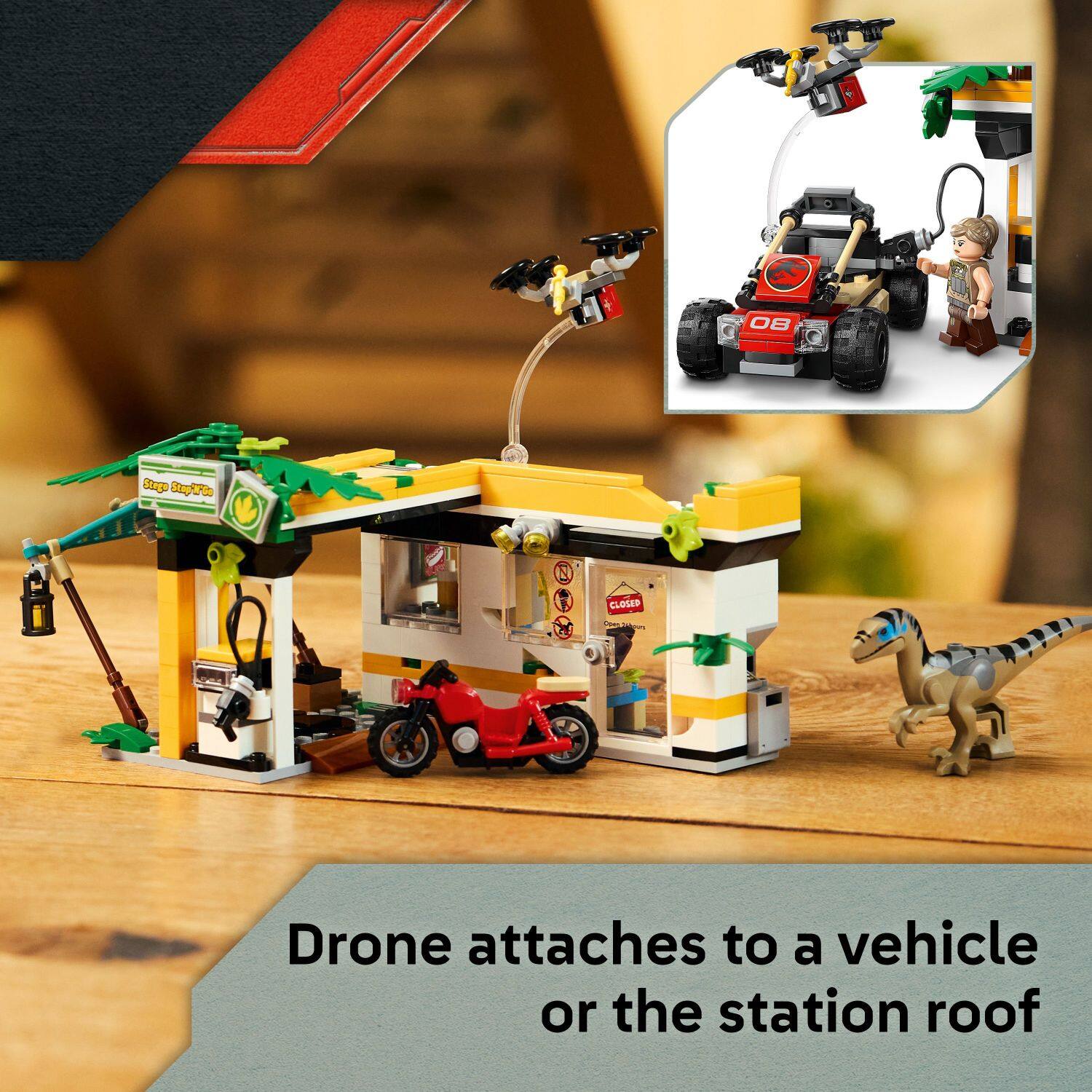 Drone attaches to a vehicle or the station roof.