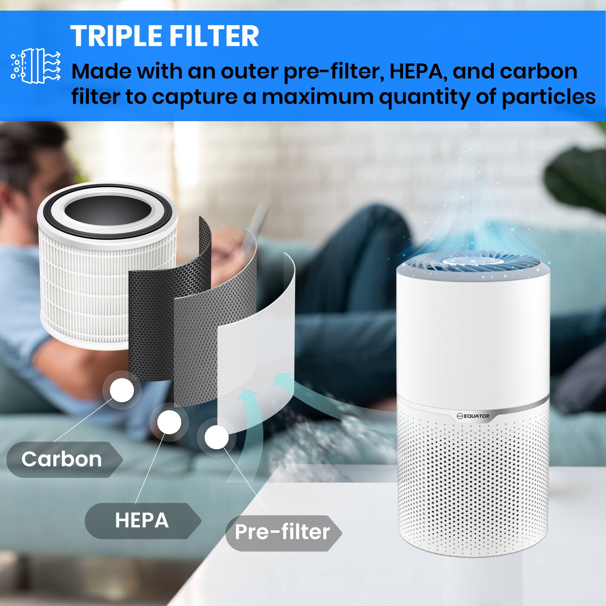 TRIPLE FILTER  
Made with an outer pre-filter, HEPA, and carbon filter to capture a maximum quantity of particles