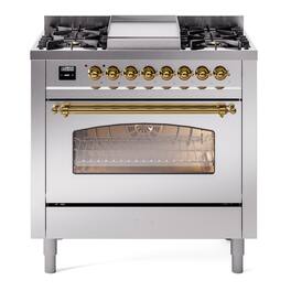 ILVE - Nostalgie II Series 36 in. Dual Fuel Range with 6 Sealed Burners + Griddle (Natural Gas, Brass Trim) - Stainless Steel