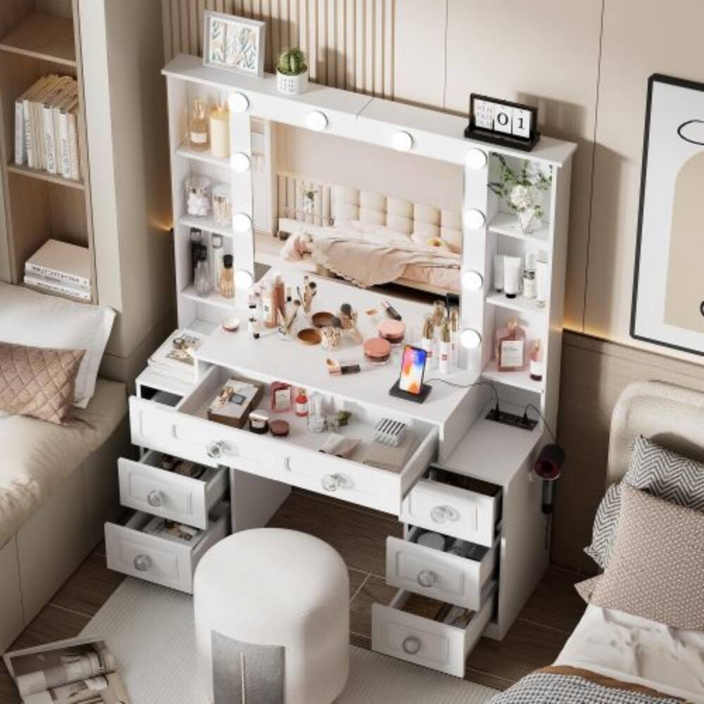Angle. LUCKY ONE - Vanity Desk with Lighted Mirror, Charging Station, 7 Drawers and Open Shelves for Bedroom - White.
