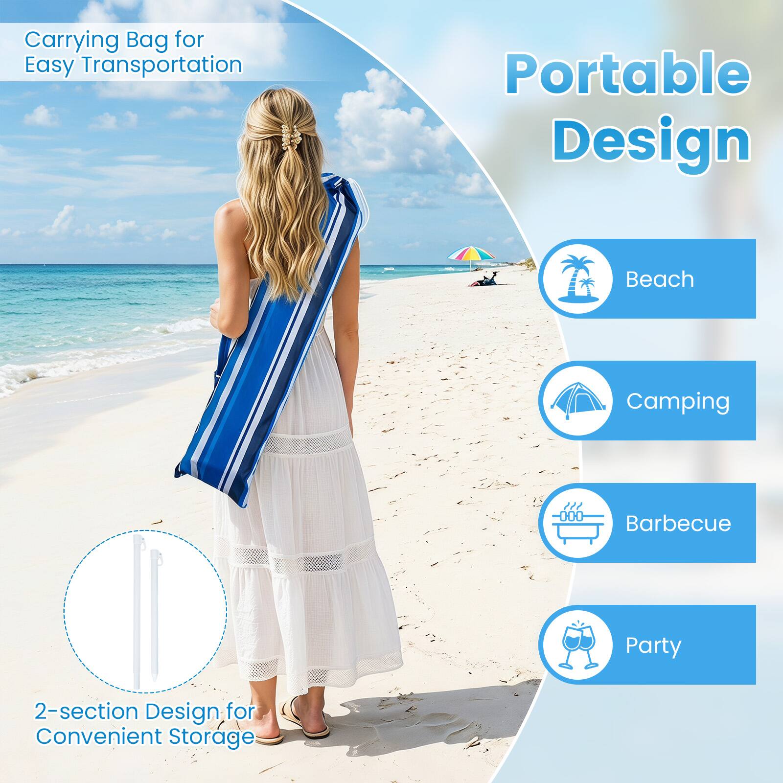 Carrying Bag for Easy Transportation  
Portable Design  
Beach  
Camping  
Barbecue  
Party  
2-section Design for Convenient Storage