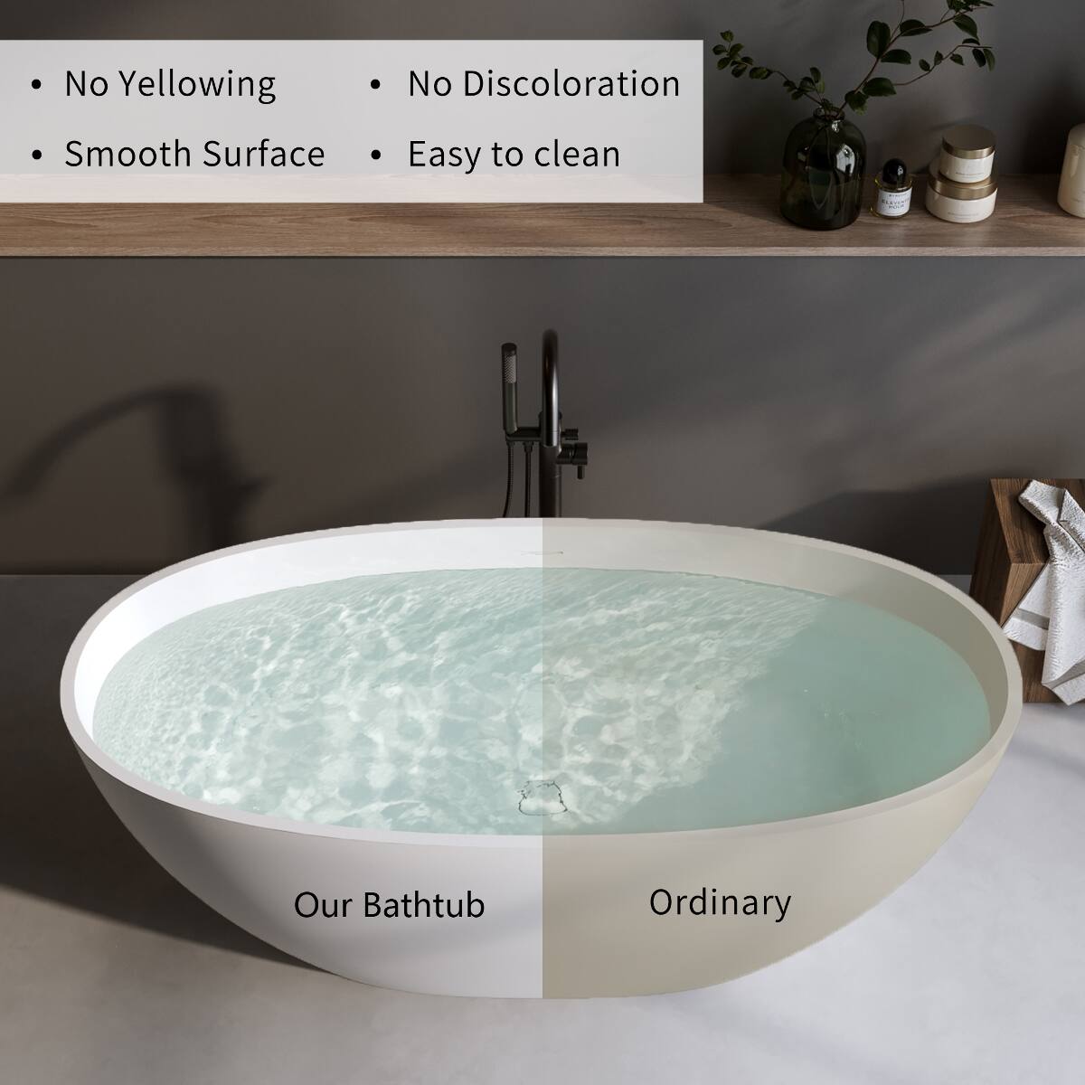 Loheer 66.9 in Solid Surface Freestanding Soaking Bathtub Oval Tub with ...