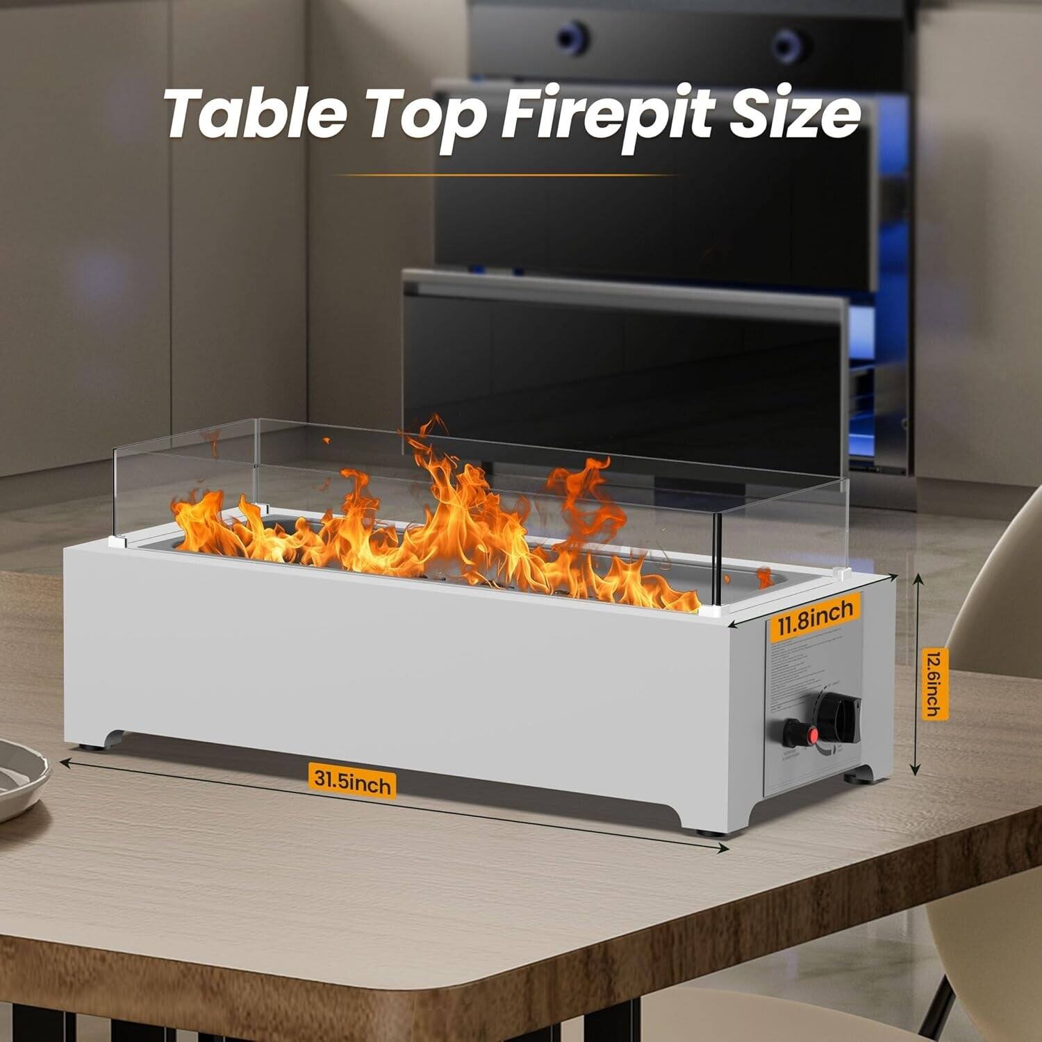 Table Top Firepit Size

- Length: 31.5 inches
- Width: 12.6 inches
- Height: 11.8 inches