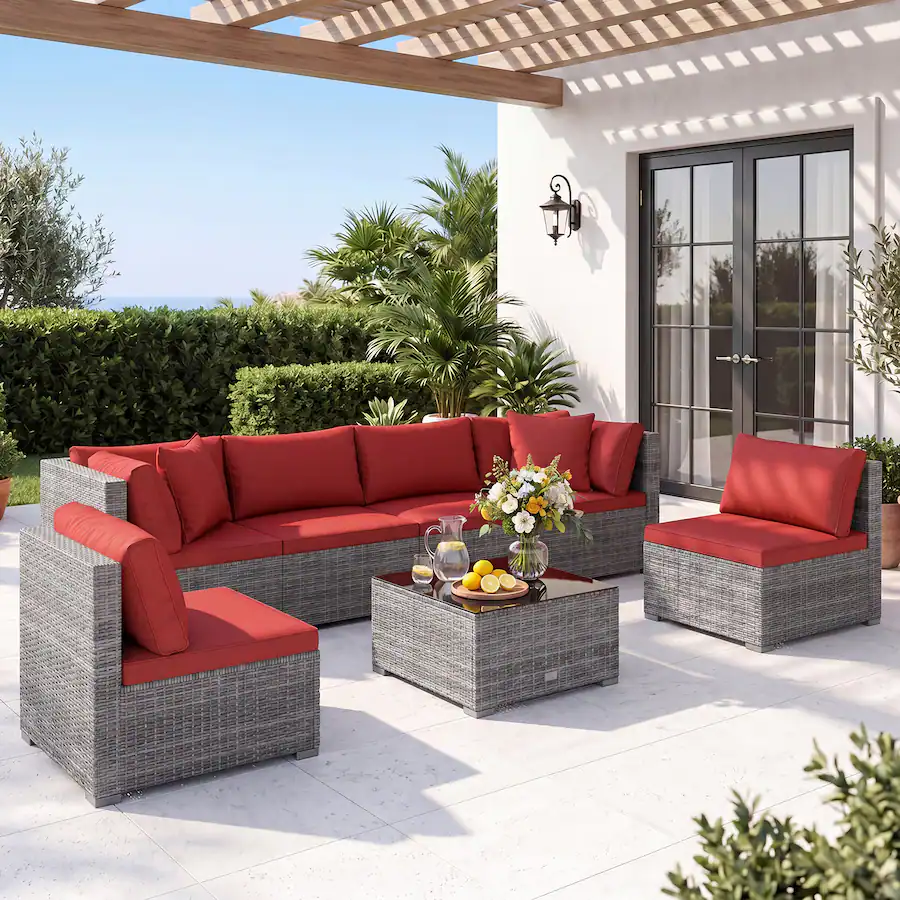 Setting A Table Costway 7PCS Patio Furniture Set with Tempered Glass Coffee Table, Soft ...