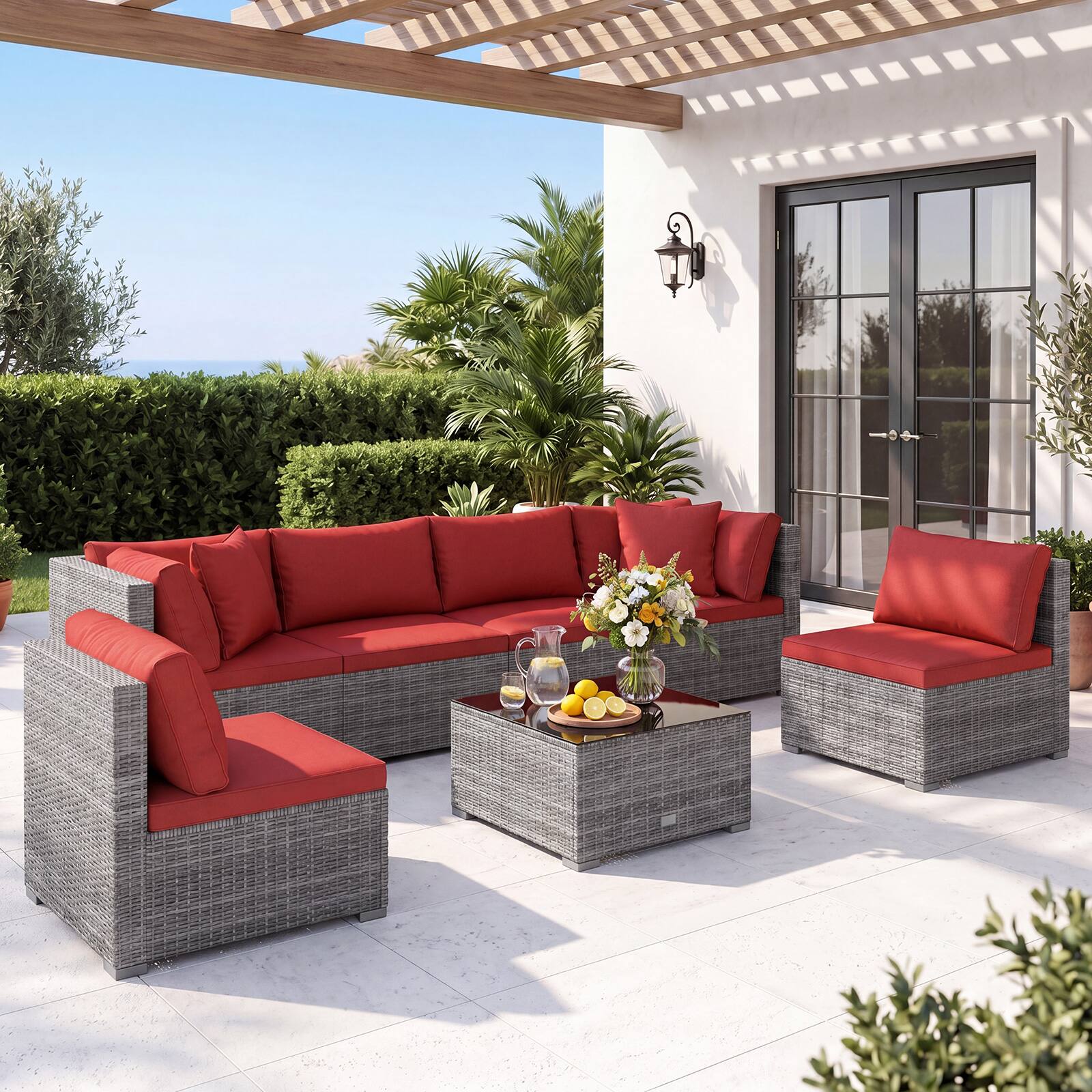 Alt View 3. Costway - Costway 7PCS Patio Furniture Set with Tempered Glass Coffee Table, Soft Pillows & Cushions - Mix Gray+Red.
