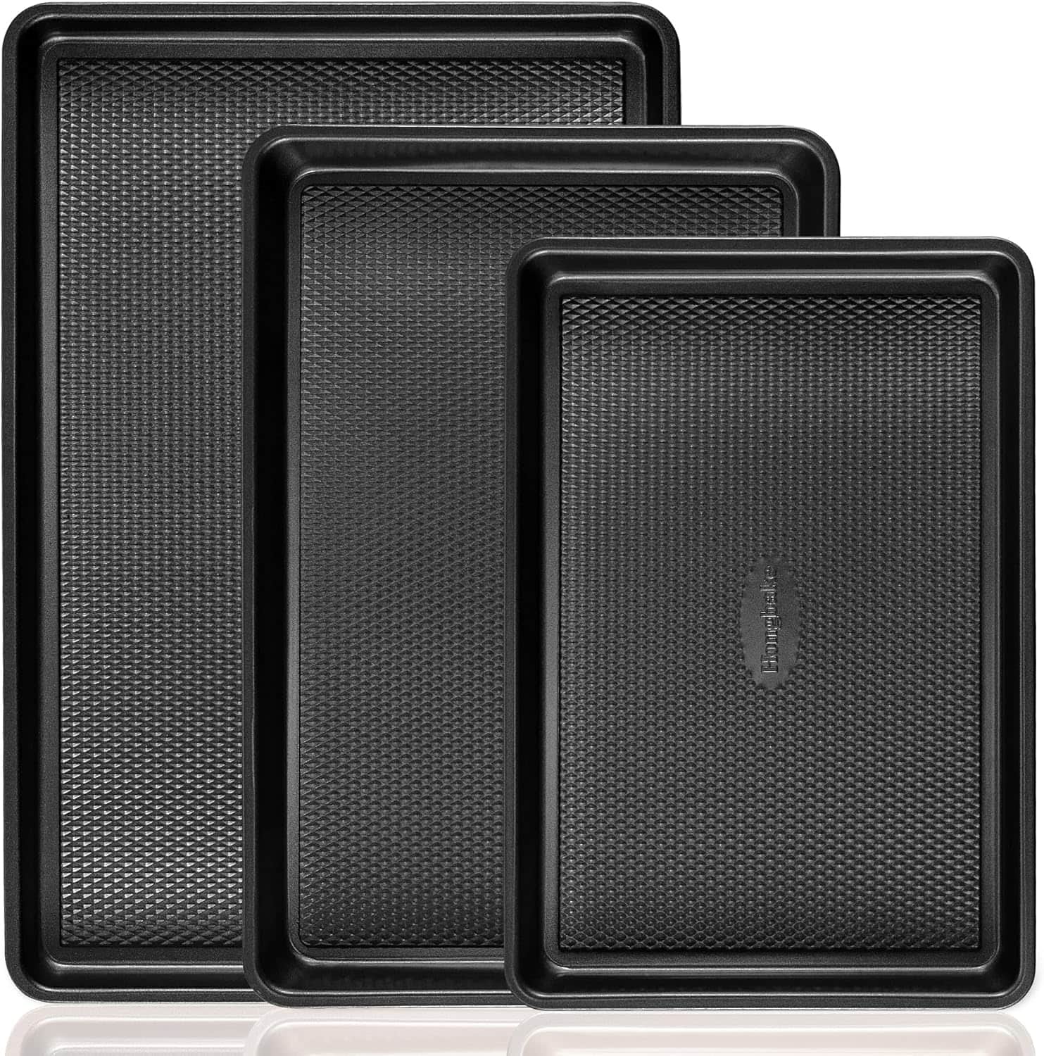 Front. HONGBAKE - Cookie Sheets for Baking ，Baking Sheet Pan Set of 3 with Diamond Texture Pattern, 57% Thicker Carbon Steel Cookie Trays - black.