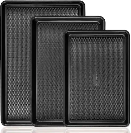 Front. HONGBAKE - Cookie Sheets for Baking ,Baking Sheet Pan Set of 3 with Diamond Texture Pattern, 57% Thicker Carbon Steel Cookie Trays - black.