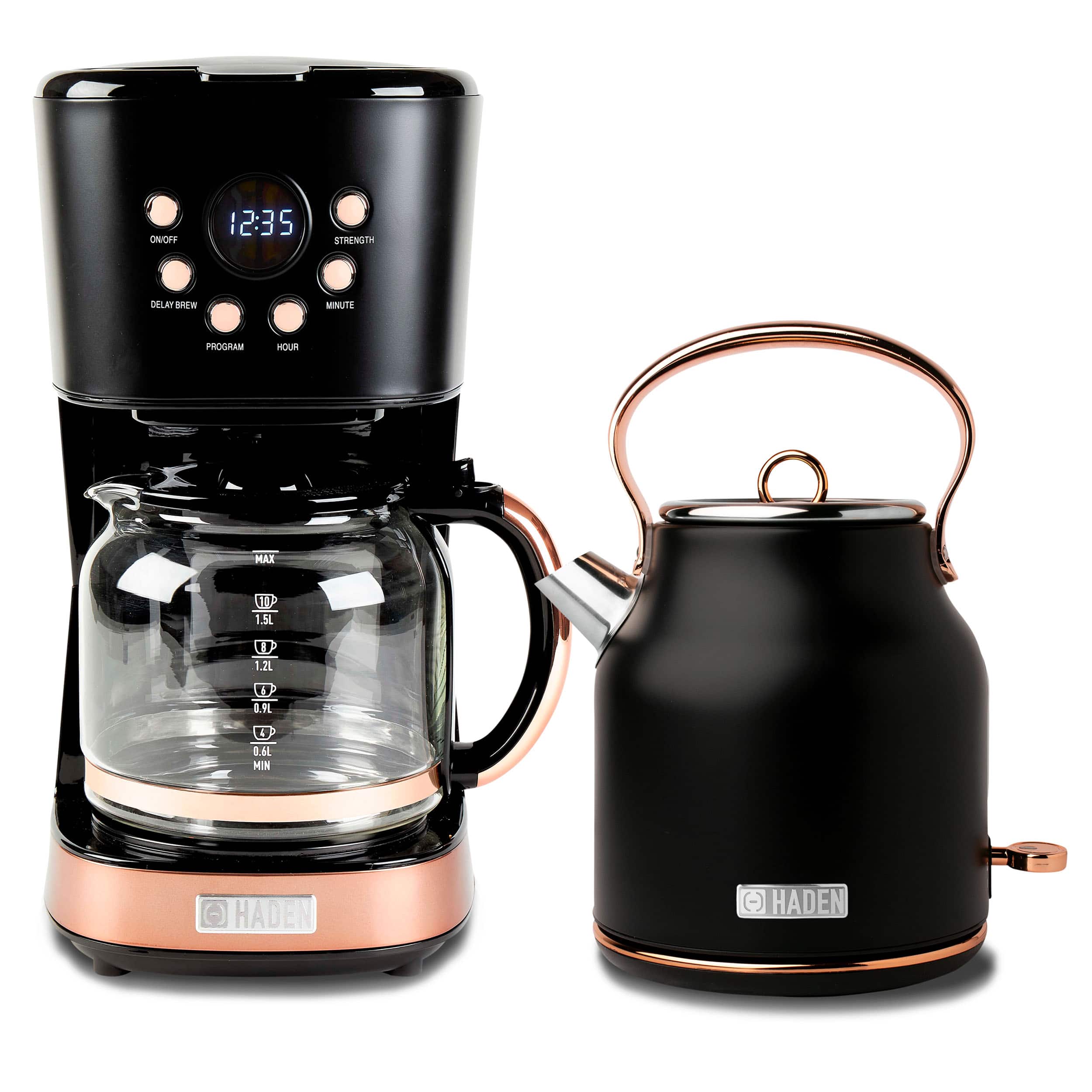 Haden - Heritage 1.7 Liter Electric Kettle & 12 Cup Coffee Maker, Black & Copper - Black/Copper