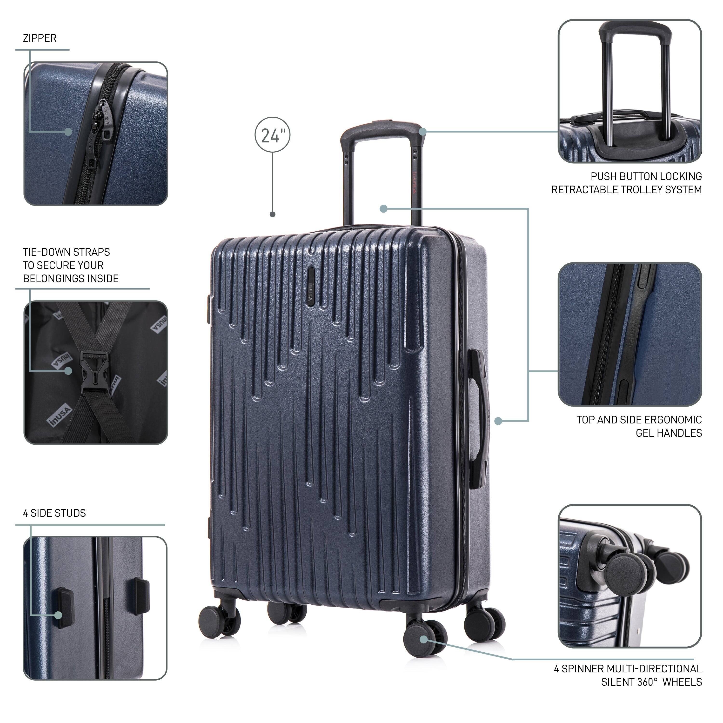 ZIPPER  
24"  
PUSH BUTTON LOCKING RETRACTABLE TROLLEY SYSTEM  
TIE-DOWN STRAPS TO SECURE YOUR BELONGINGS INSIDE  
4 SIDE STUDS  
TOP AND SIDE ERGONOMIC GEL HANDLES  
4 SPINNER MULTI-DIRECTIONAL SILENT 360° WHEELS