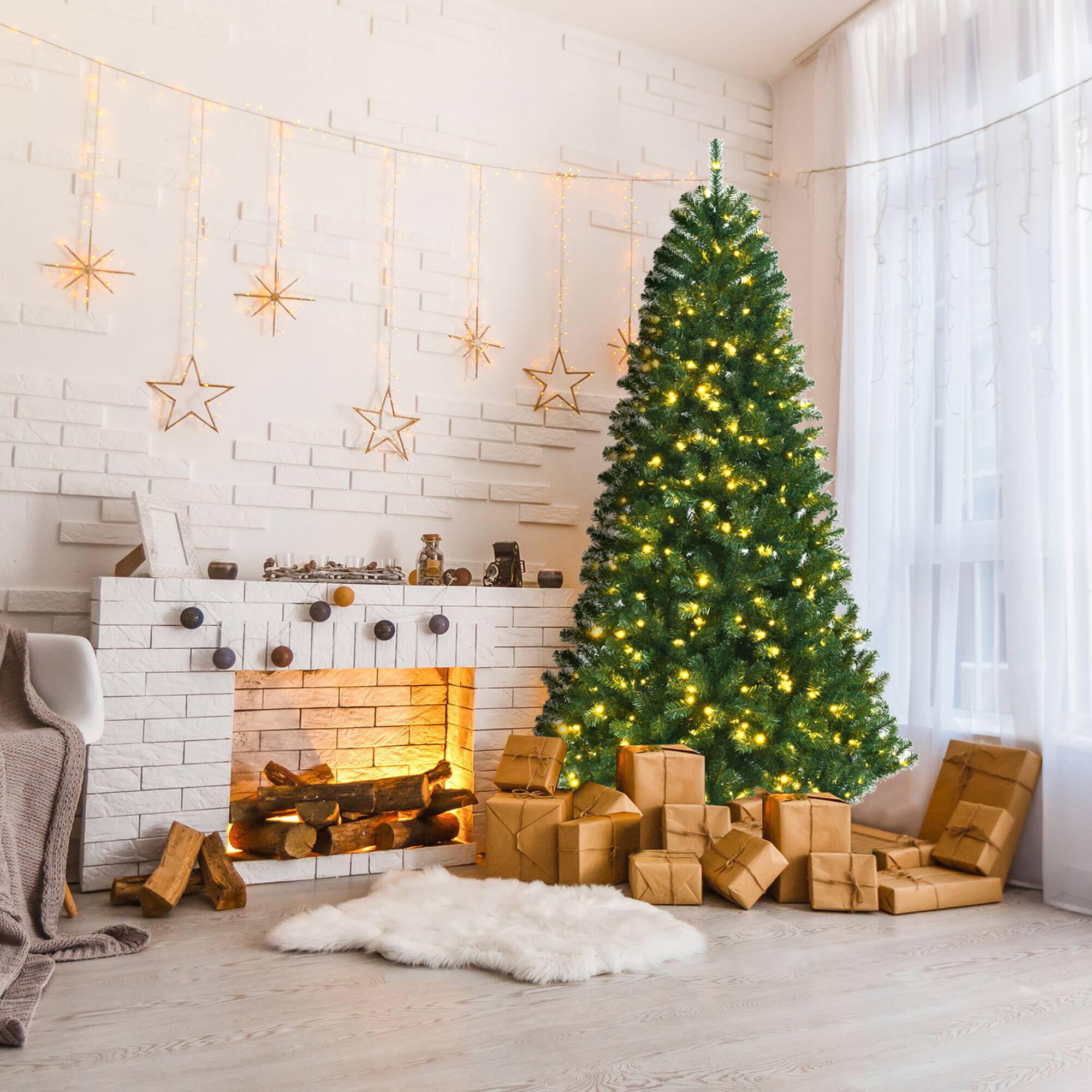 Alt View 2. Gymax - Gymax 7 FT Pre-lit Artificial Christmas Tree Hinged Xmas Tree w/ 9 Lighting Modes - Green.