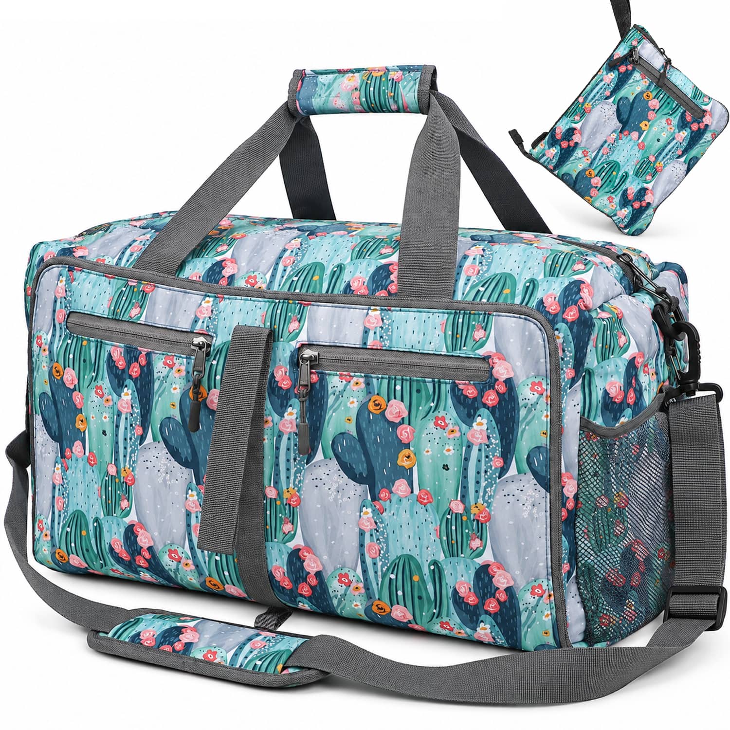 Garnen - Duffle Bag for Travel, 40L Duffel Bag for Women, Foldable Carry On Gym Weekender Bag with Shoe Compartment, Cactus Print - Green