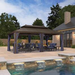 PURPLE LEAF - 12 X 20 FT Outdoor Hardtop Gazebo for Patio Bronze Aluminum Frame Pavilion with Navy-Blue Curtain - 12' X 20'