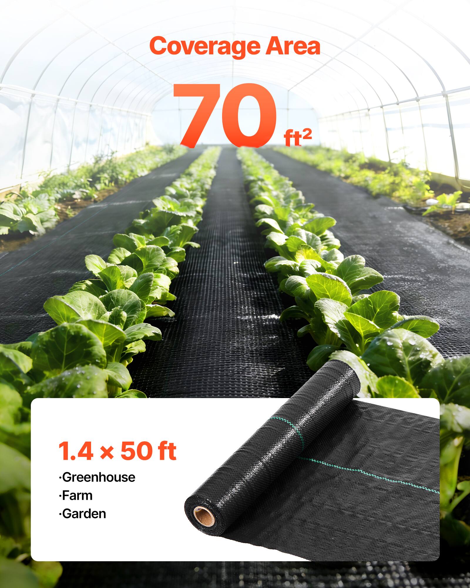 Coverage Area: 70 ft²  
1.4 x 50 ft  
Greenhouse  
Farm  
Garden