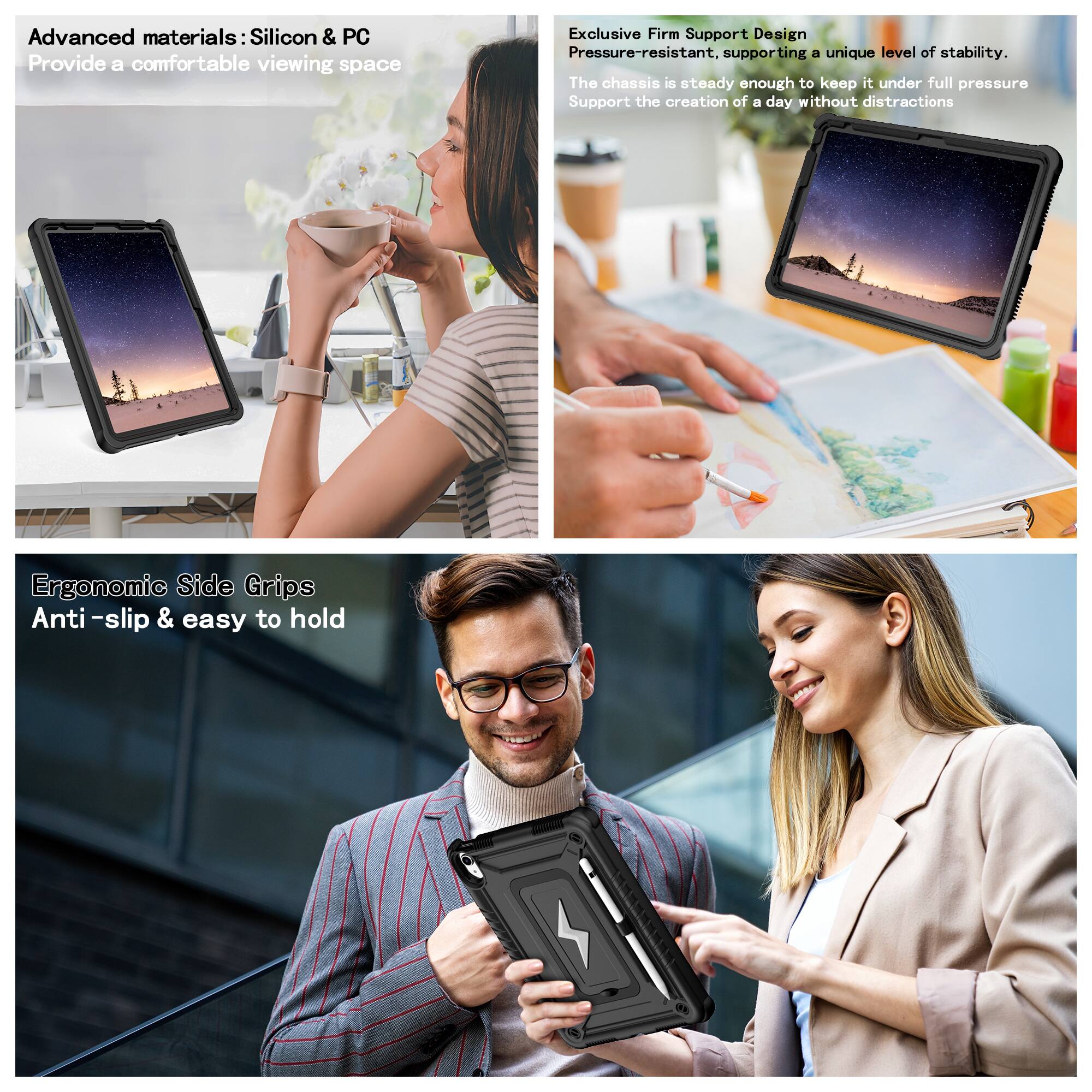 Advanced materials: Silicon & PC  
Provide a comfortable viewing space  

Exclusive Firm Support Design  
Pressure-resistant, supporting a unique level of stability.  
The chassis is steady enough to keep it under full pressure  
Support the creation of a day without distractions  

Ergonomic Side Grips  
Anti-slip & easy to hold