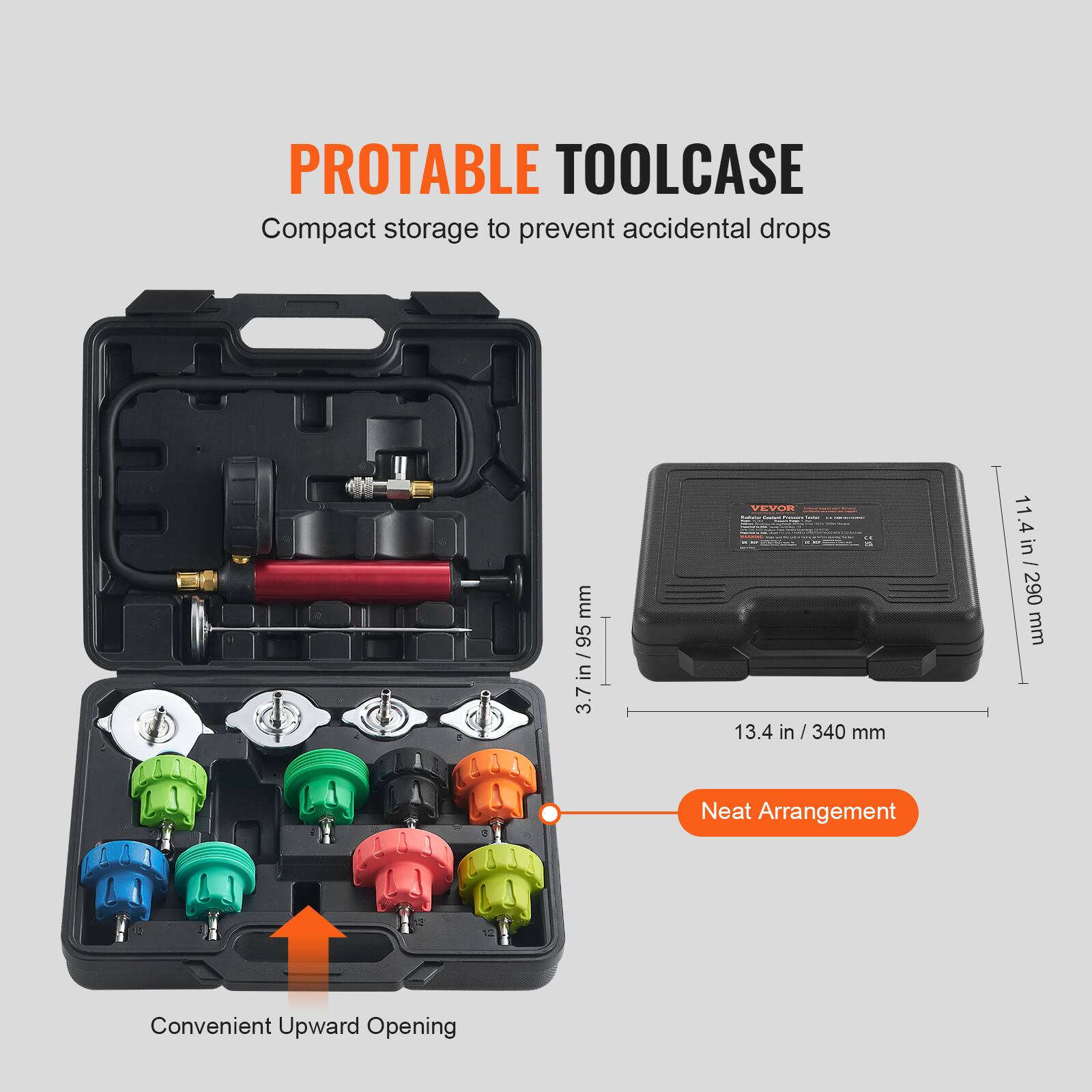 PROTABLE TOOLCASE  
Compact storage to prevent accidental drops  

- 3.7 in / 95 mm  
- 13.4 in / 340 mm  
- 11.4 in / 290 mm  

Neat Arrangement  
Convenient Upward Opening