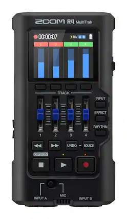 ZOOM R4 MultiTrak
00:00:07
1 2 3 4
48V A B
TRACK INPUT EFFECT RHYTHM
1 2 3 4
UNDO - BOUNCE
OPTION
INPUT A MIC INPUT B