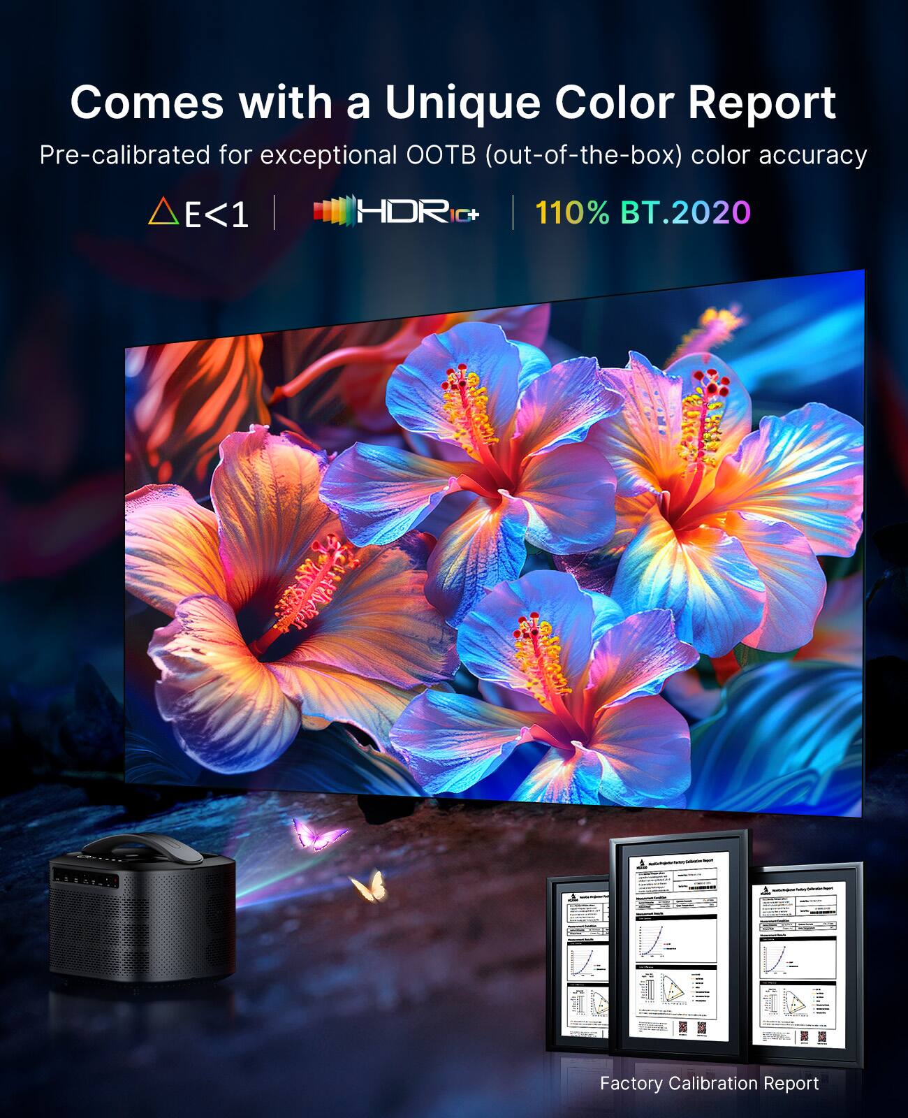 Comes with a Unique Color Report  
Pre-calibrated for exceptional OOTB (out-of-the-box) color accuracy  
E<1 | HDR1C+ | 110% BT.2020  
Factory Calibration Report