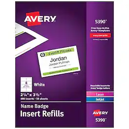 Avery - Printable Laser/Inkjet Name Badge Insert Refills, 2 1/4" x 3 1/2", 400 Inserts Per Box - White