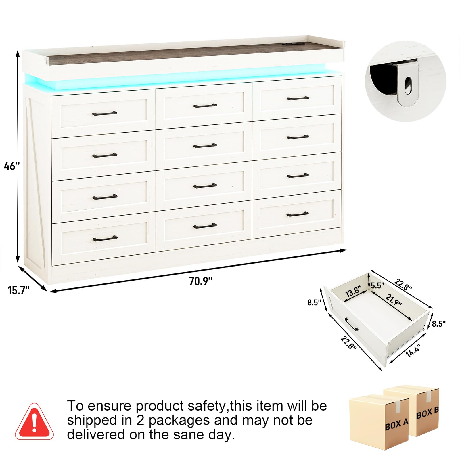 46" 15.7" 70.9" 8.5" 13.8" 5.5" 22.8" 21.9" 22.8" 8.5" 14.4" ! To ensure product safety, this item will be shipped in 2 packages and may not be delivered on the same day.  BOX A BOX B