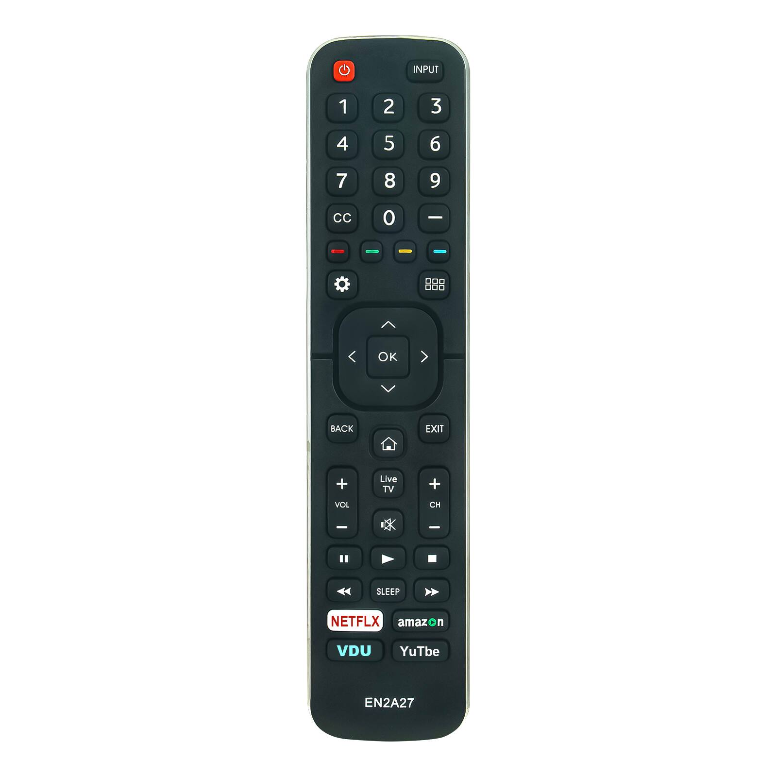 INPUT 1 2 3 4 5 6 7 8 9 0 Cc O - - - - I 00D 000 OK BACK EXIT + Live TV + VOL CH - - SLEEP NETFLIX amazon VDU YuTbe EN2A27