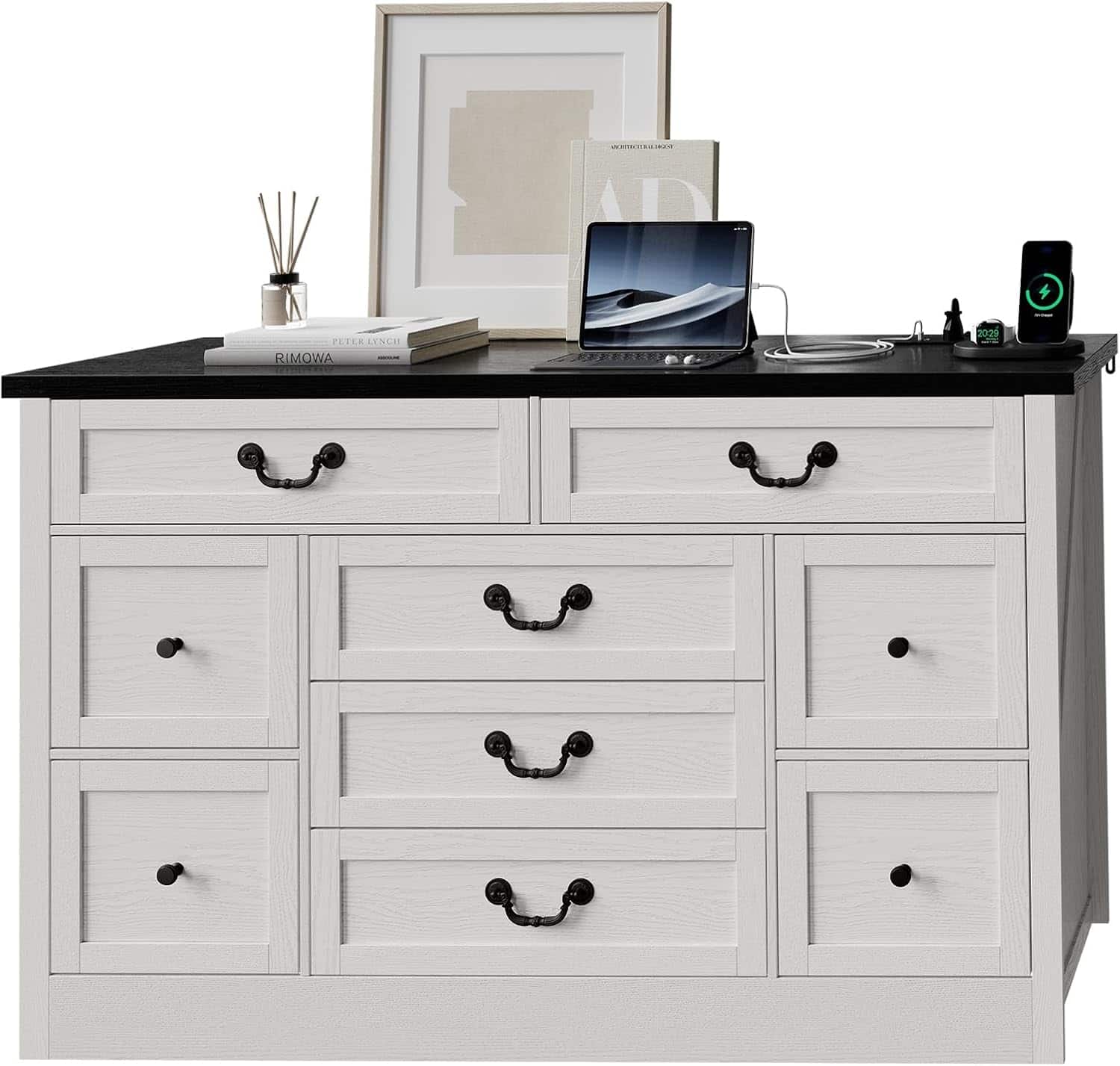 GARVEE - 9 Farmhouse Dresser with Charging Station & Metal Handle, Wooden Tv Stand with Dressers, 9 Drawer Dressers - Black