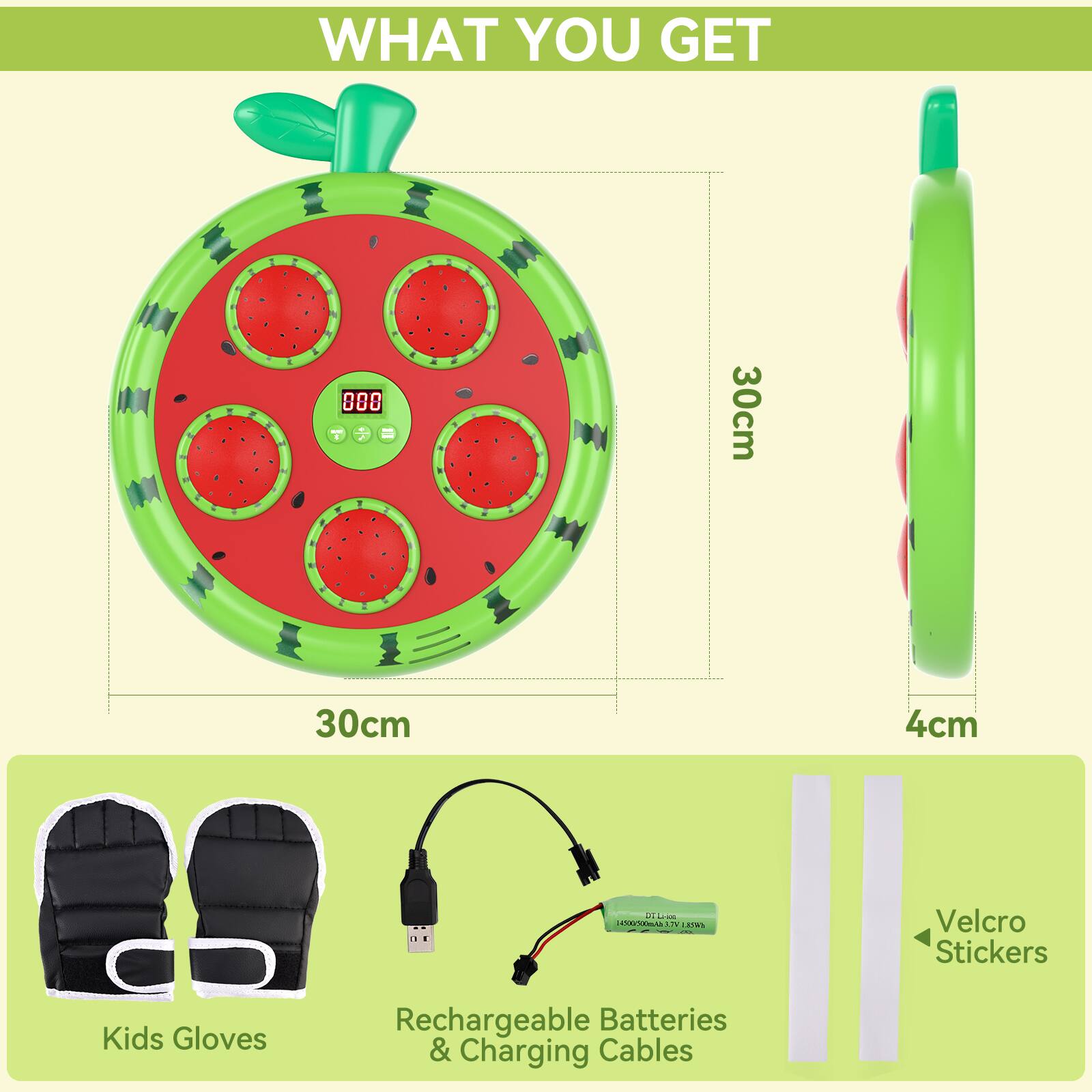 WHAT YOU GET

- 30cm
- 30cm
- 4cm

- Kids Gloves
- Rechargeable Batteries & Charging Cables
- Velcro Stickers